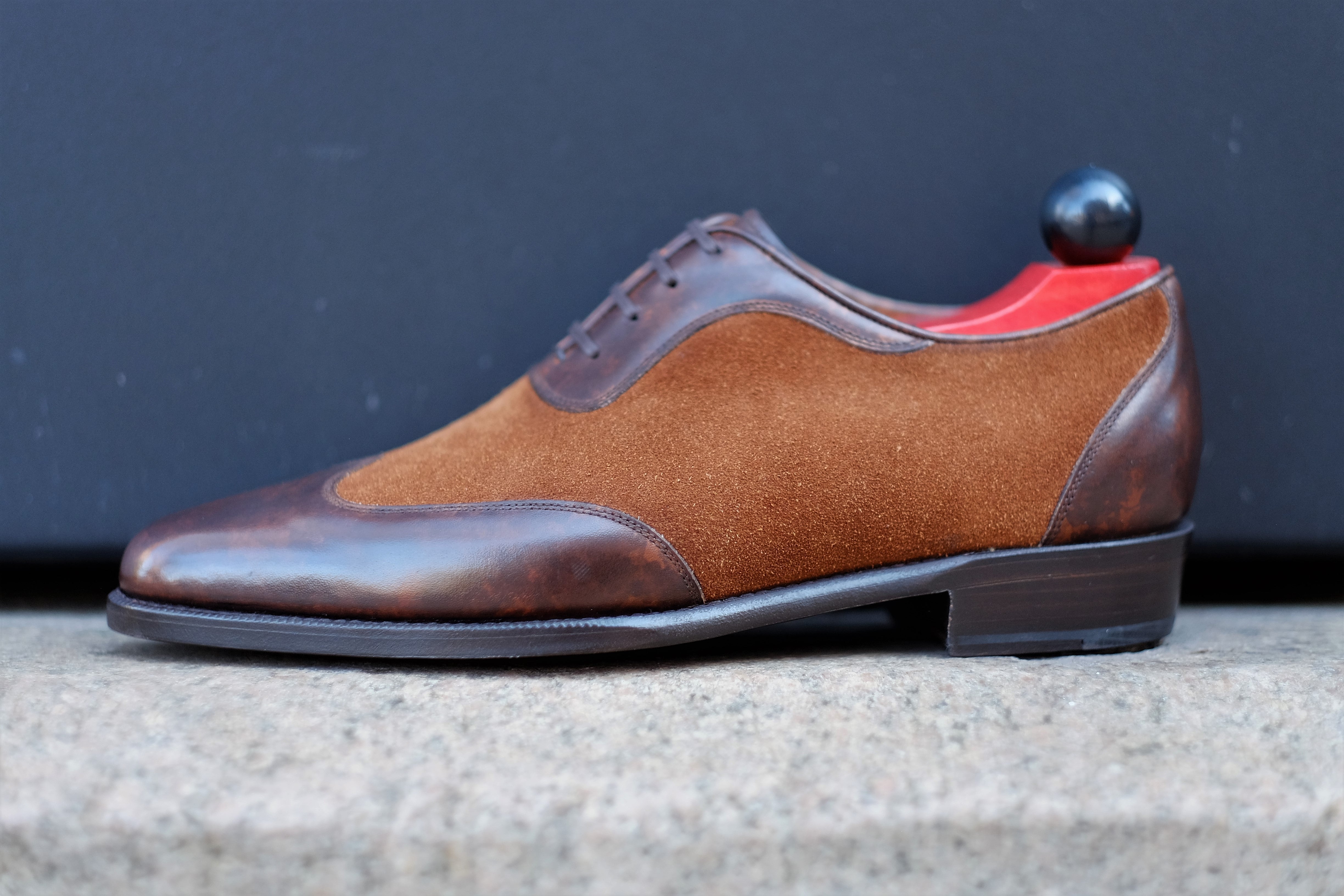 Rainier - MTO - Dark Brown Marble Patina / Snuff Suede - JKF Last - Single Leather Sole-Made To Order Austerity Brogue Adelaide Oxfords-J.FitzPatrick Footwear