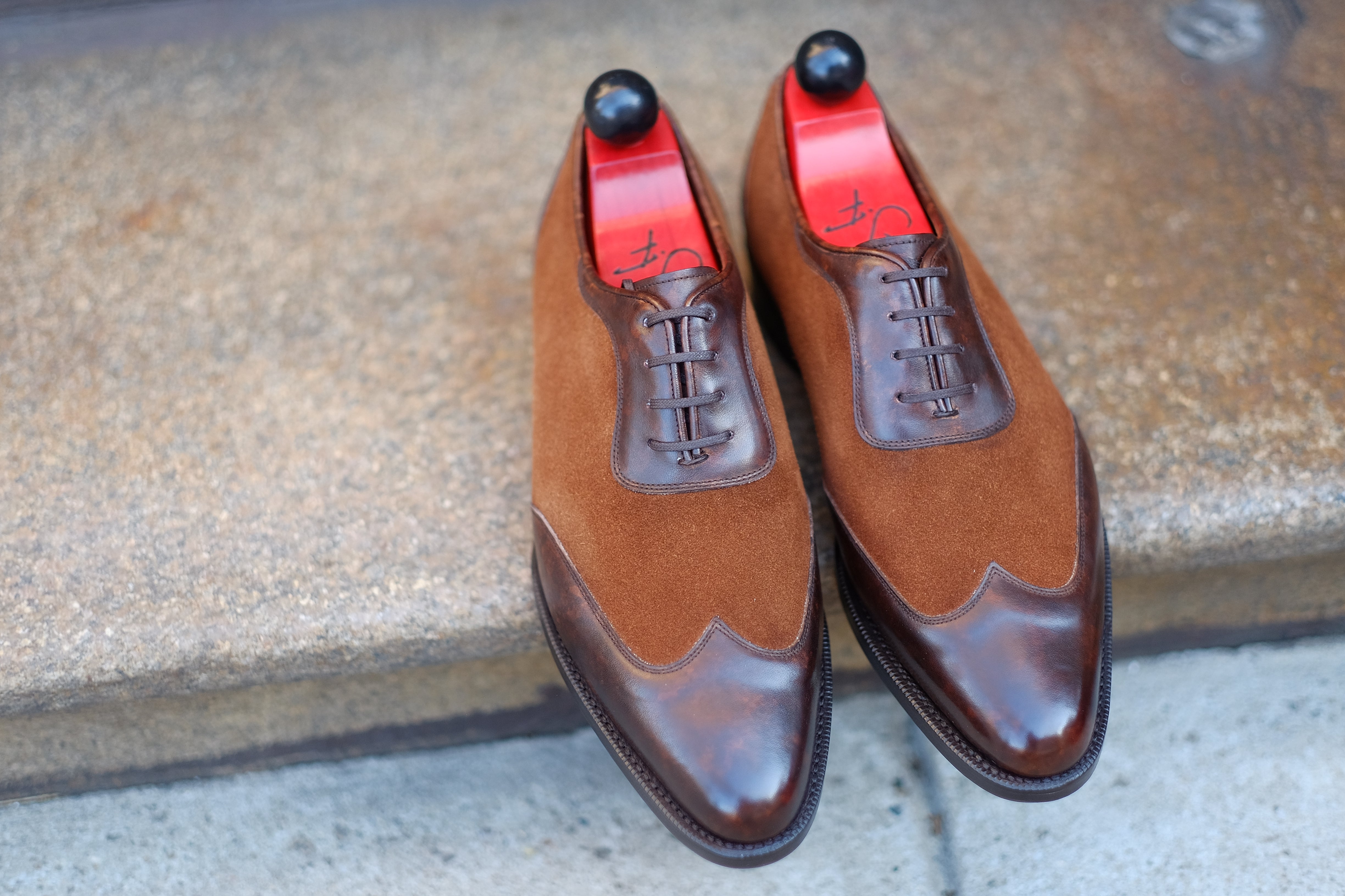 Rainier - MTO - Dark Brown Marble Patina / Snuff Suede - JKF Last - Single Leather Sole-Made To Order Austerity Brogue Adelaide Oxfords-J.FitzPatrick Footwear