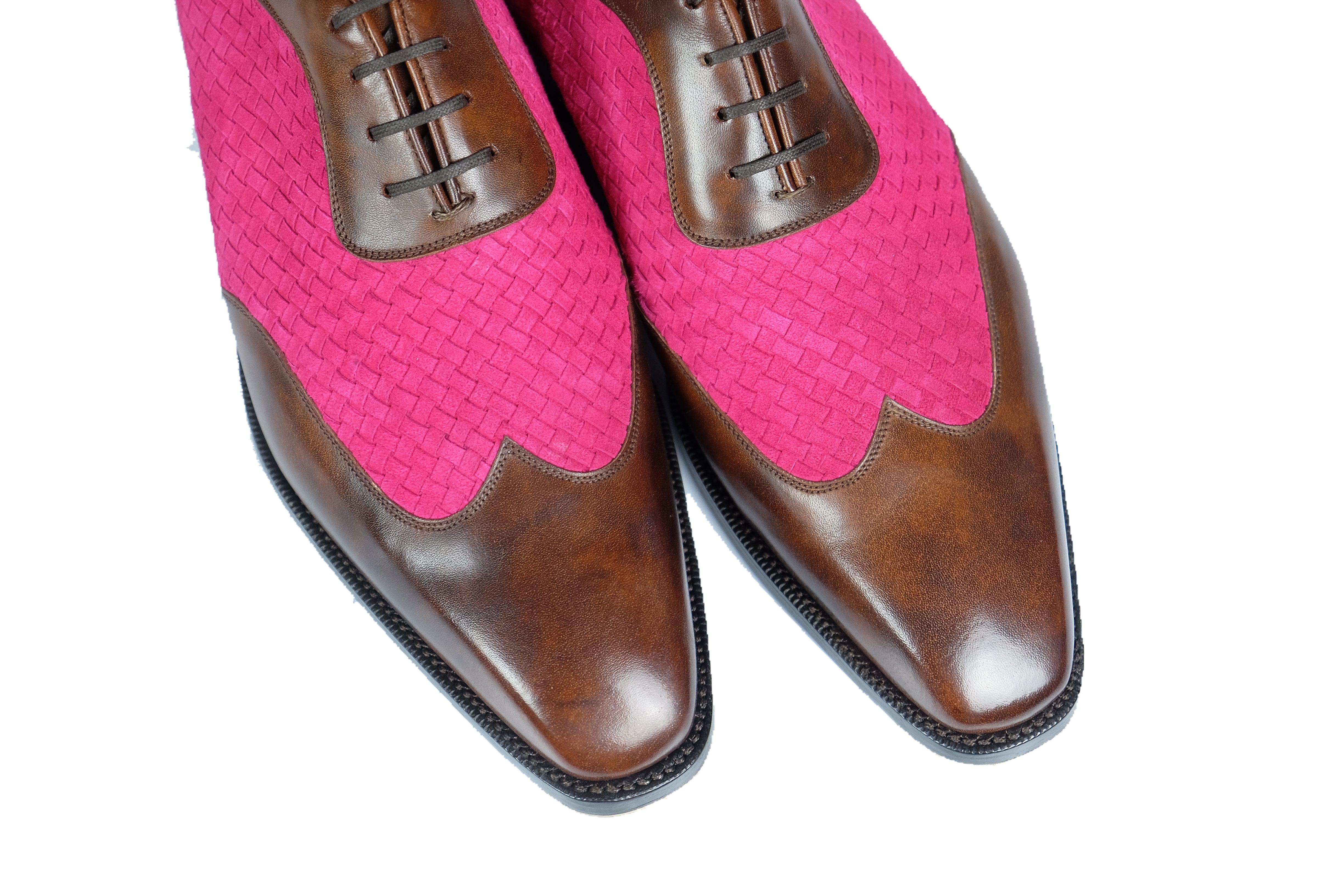 Rainier - MTO - Walnut Museum Calf / Hot Pink Braided Suede - LPB Last - Single Leather Sole-Made To Order Austerity Brogue Adelaide Oxfords-J.FitzPatrick Footwear