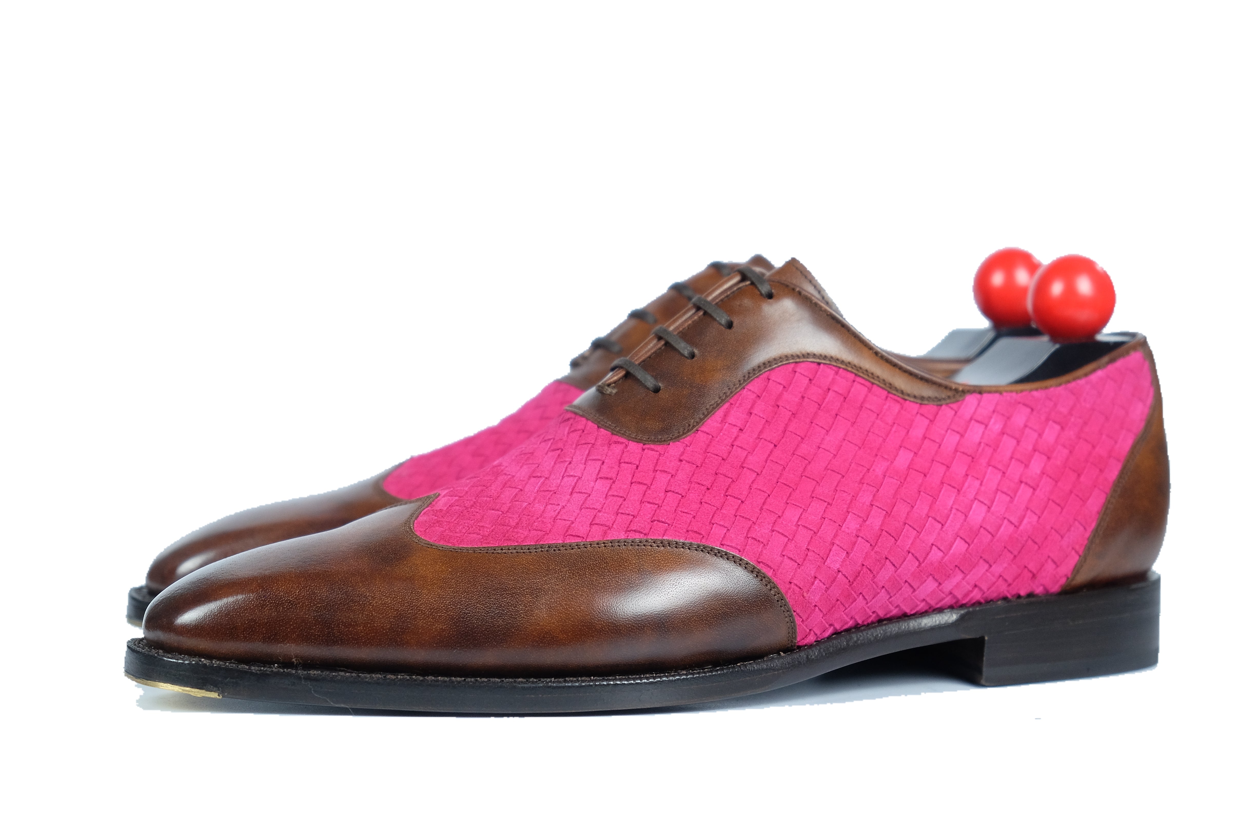 Rainier - MTO - Walnut Museum Calf / Hot Pink Braided Suede - LPB Last - Single Leather Sole-Made To Order Austerity Brogue Adelaide Oxfords-J.FitzPatrick Footwear