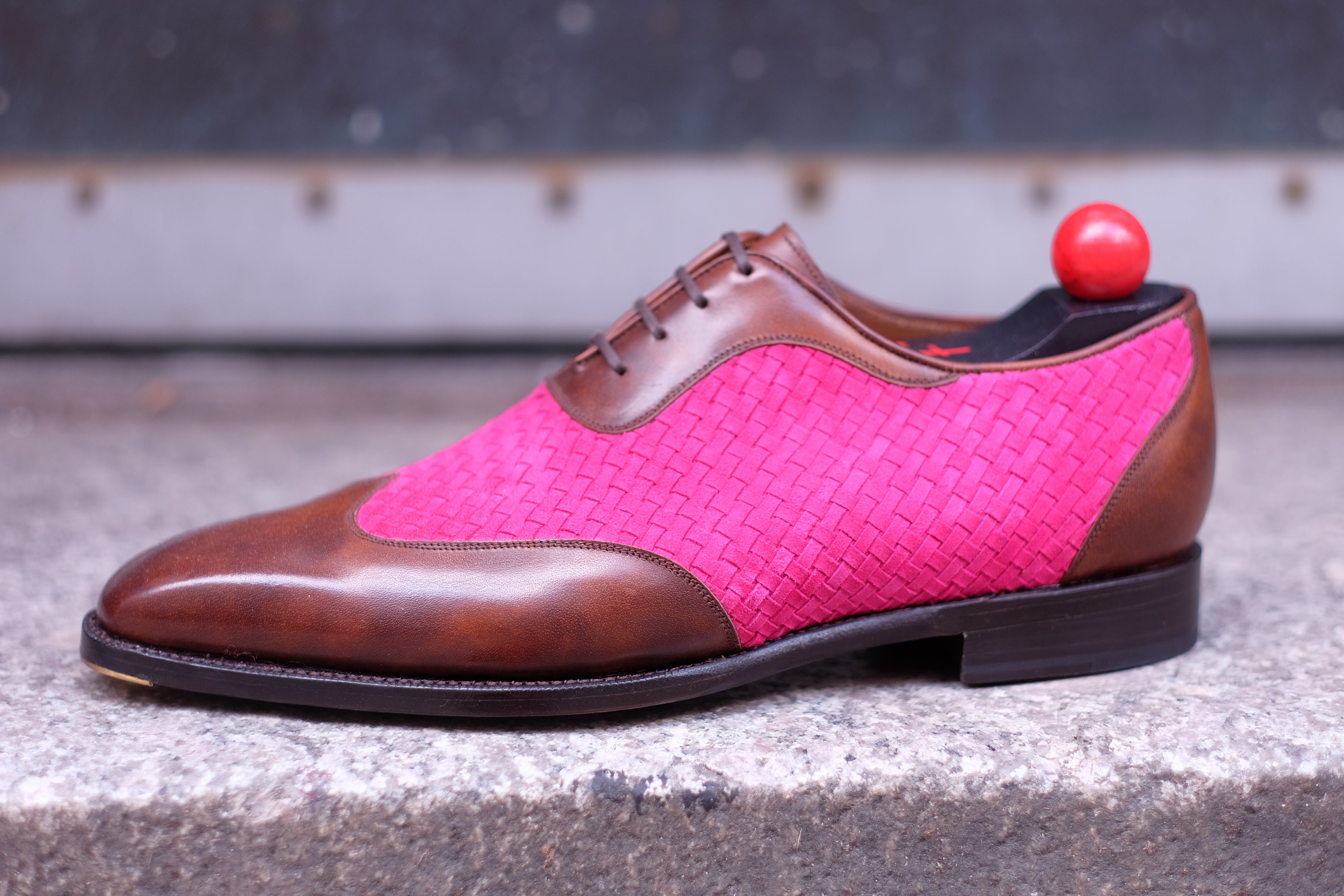 Rainier - MTO - Walnut Museum Calf / Hot Pink Braided Suede - LPB Last - Single Leather Sole-Made To Order Austerity Brogue Adelaide Oxfords-J.FitzPatrick Footwear