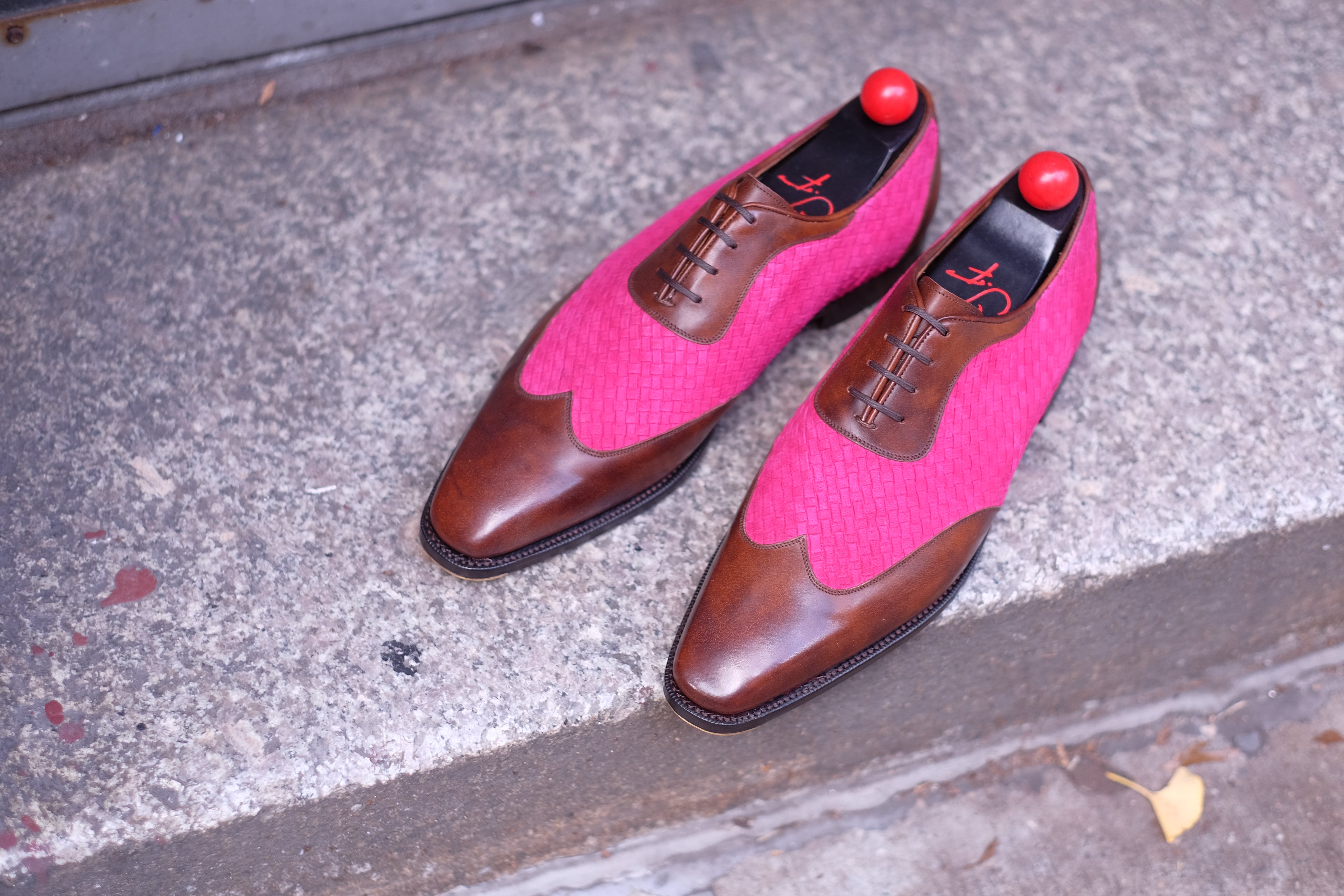 Rainier - MTO - Walnut Museum Calf / Hot Pink Braided Suede - LPB Last - Single Leather Sole-Made To Order Austerity Brogue Adelaide Oxfords-J.FitzPatrick Footwear