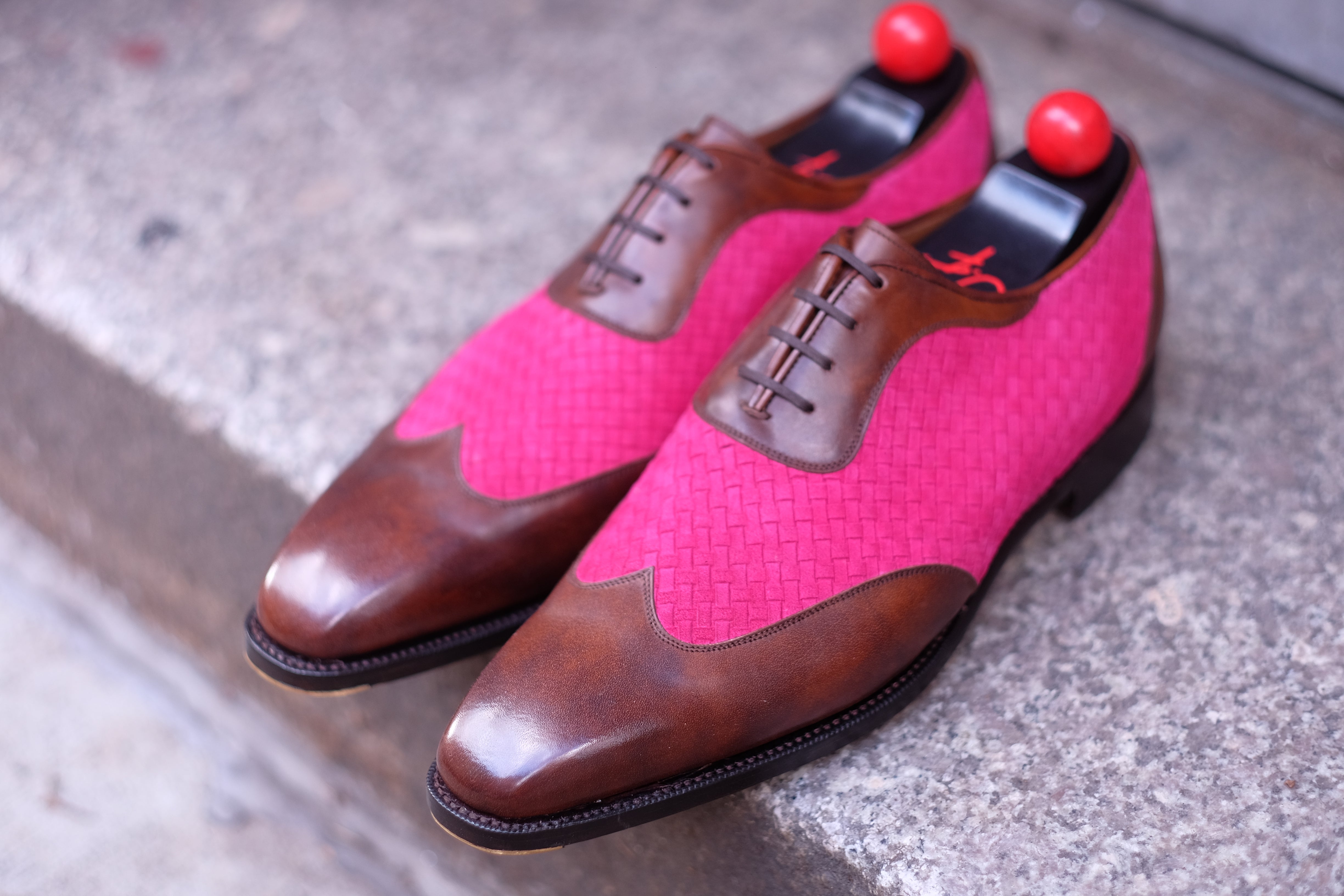 Rainier - MTO - Walnut Museum Calf / Hot Pink Braided Suede - LPB Last - Single Leather Sole-Made To Order Austerity Brogue Adelaide Oxfords-J.FitzPatrick Footwear