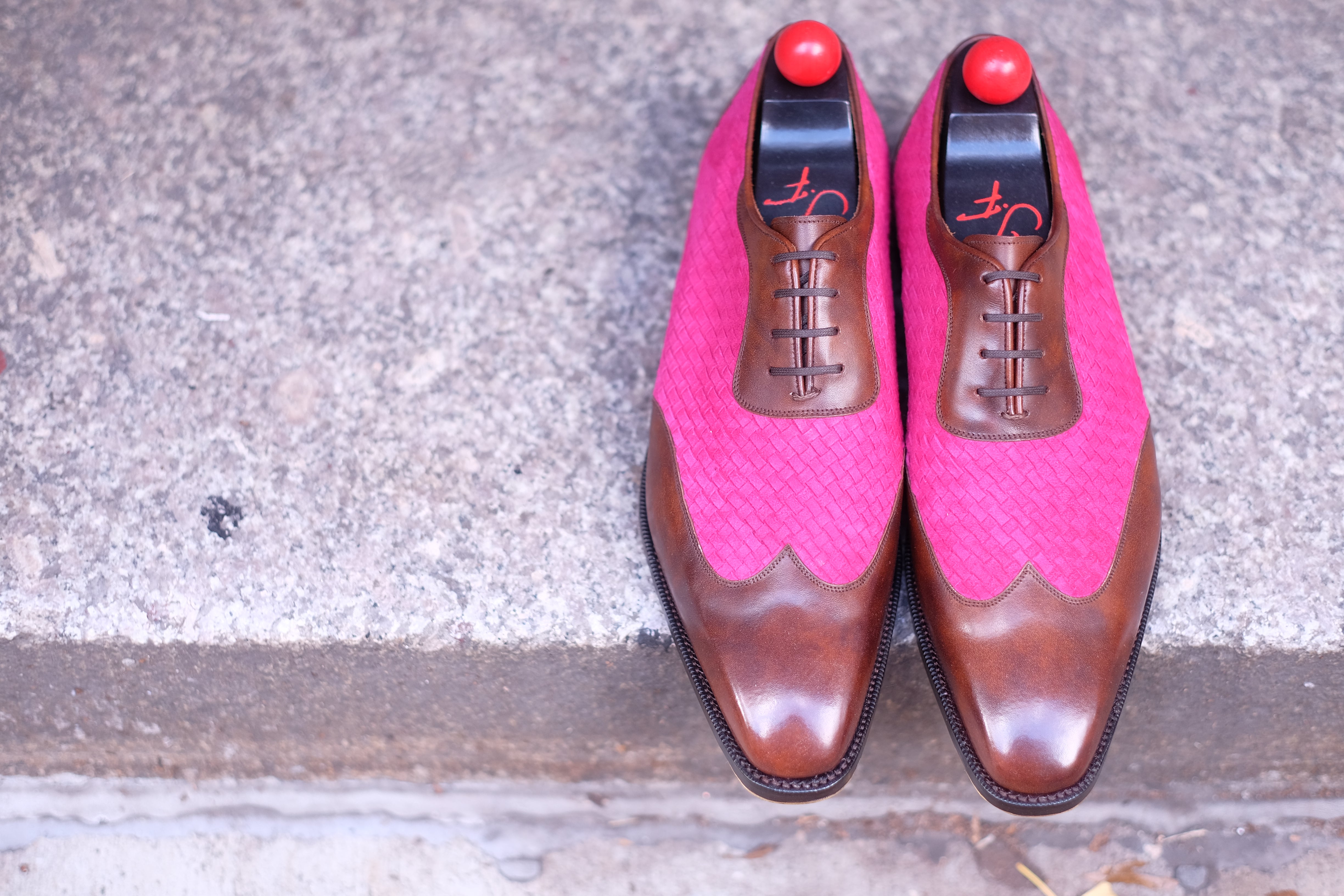 Rainier - MTO - Walnut Museum Calf / Hot Pink Braided Suede - LPB Last - Single Leather Sole-Made To Order Austerity Brogue Adelaide Oxfords-J.FitzPatrick Footwear