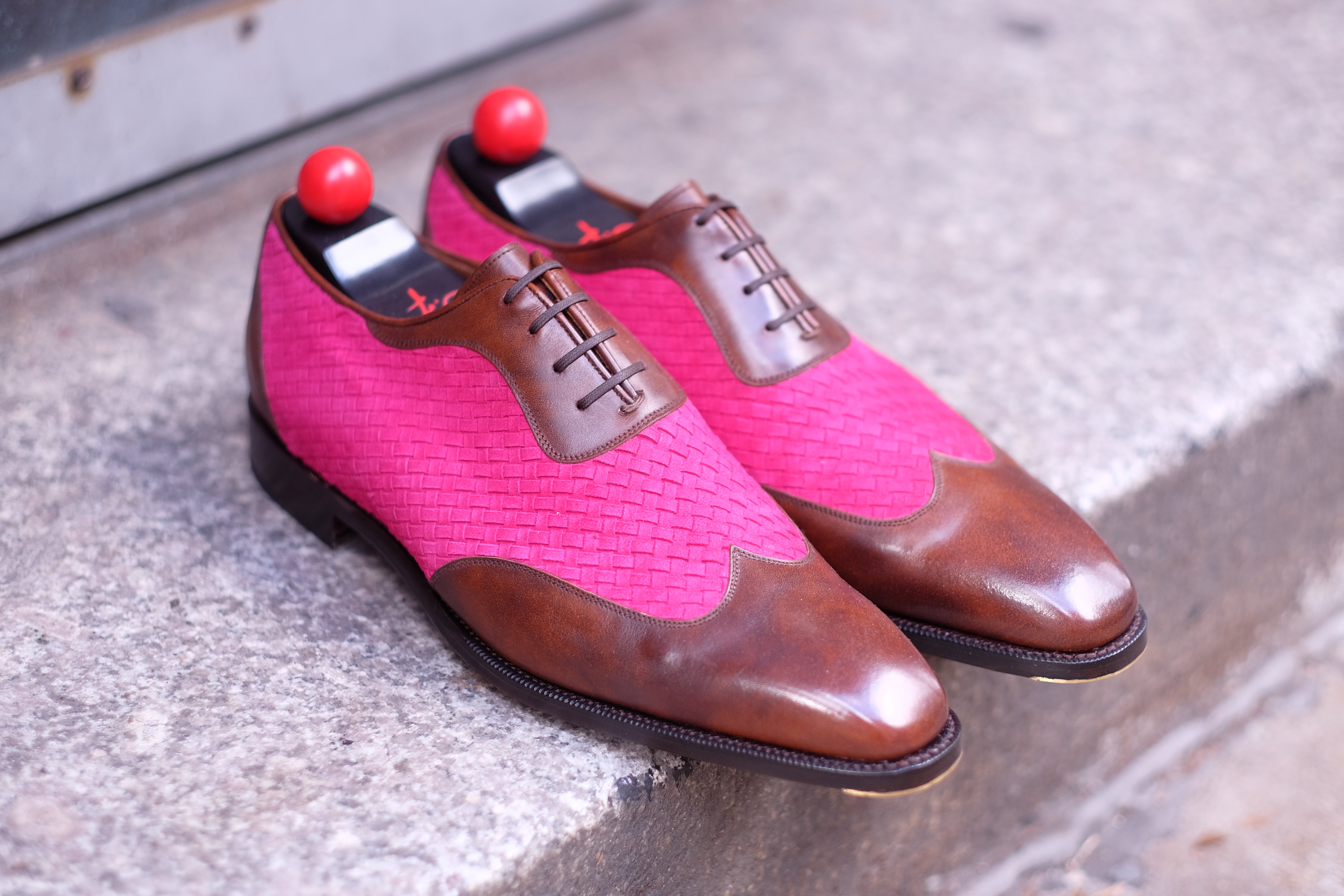 Rainier - MTO - Walnut Museum Calf / Hot Pink Braided Suede - LPB Last - Single Leather Sole-Made To Order Austerity Brogue Adelaide Oxfords-J.FitzPatrick Footwear