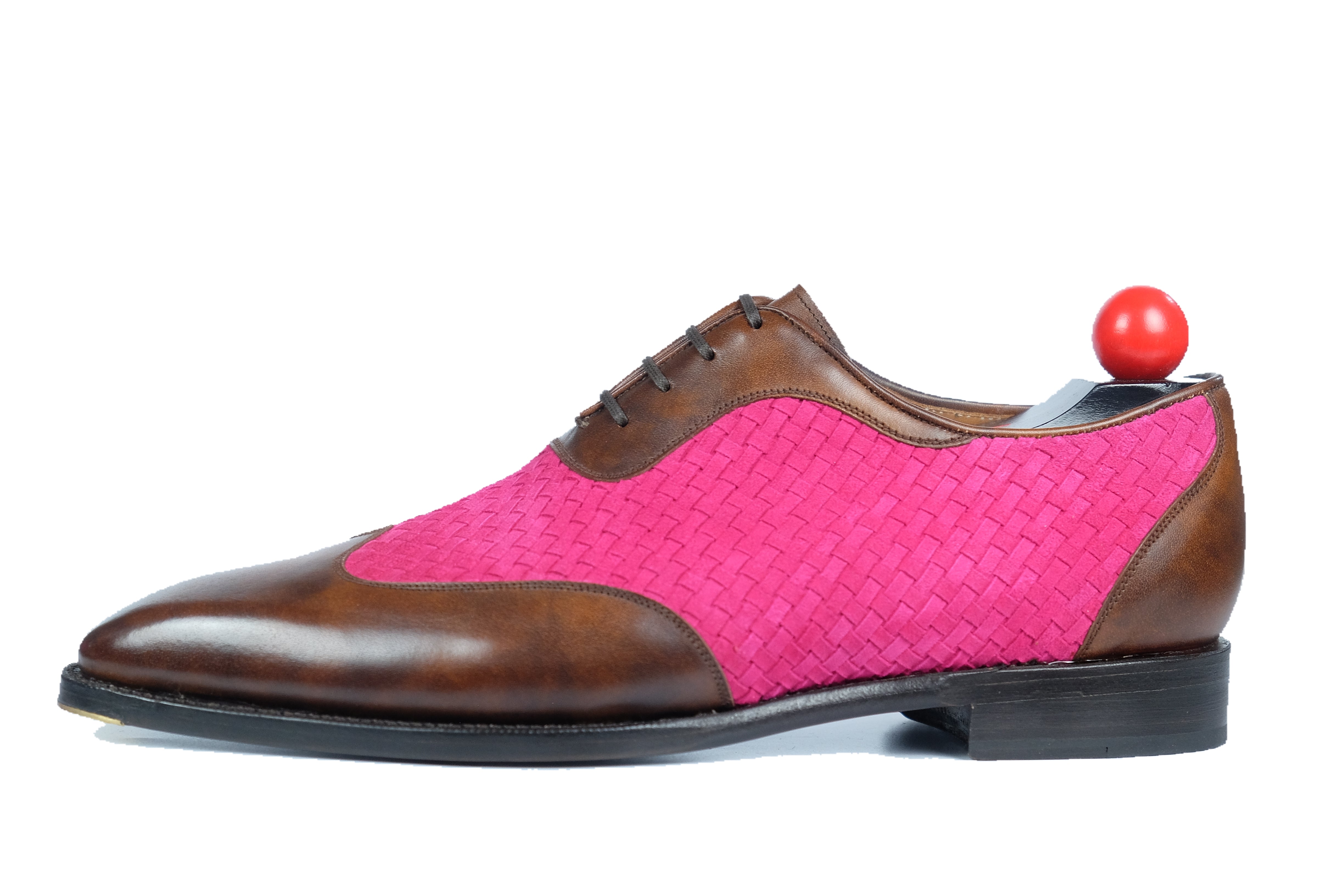 Rainier - MTO - Walnut Museum Calf / Hot Pink Braided Suede - LPB Last - Single Leather Sole-Made To Order Austerity Brogue Adelaide Oxfords-J.FitzPatrick Footwear