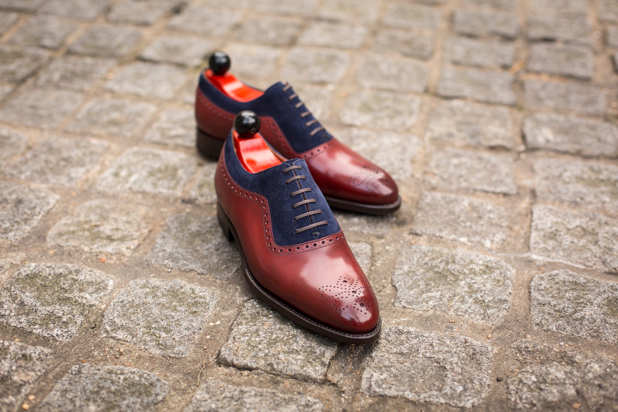 Roosevelt - MTO - Burgundy Calf / Dark Blue Suede - NGT Last - Single Leather Sole-Made To Order Medallion Adelaide Brogue Oxfords-J.FitzPatrick Footwear