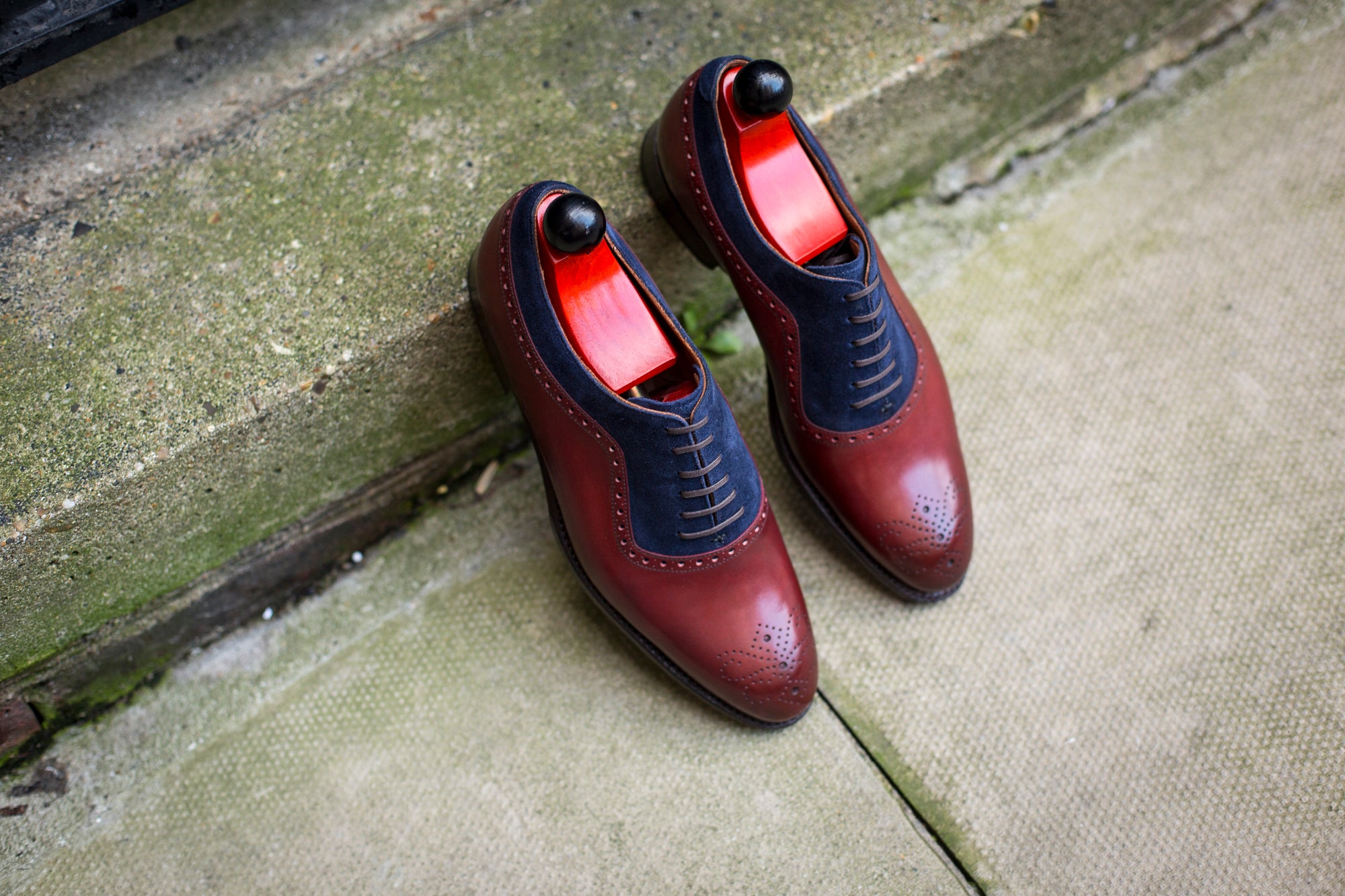 Roosevelt - MTO - Burgundy Calf / Dark Blue Suede - NGT Last - Single Leather Sole-Made To Order Medallion Adelaide Brogue Oxfords-J.FitzPatrick Footwear