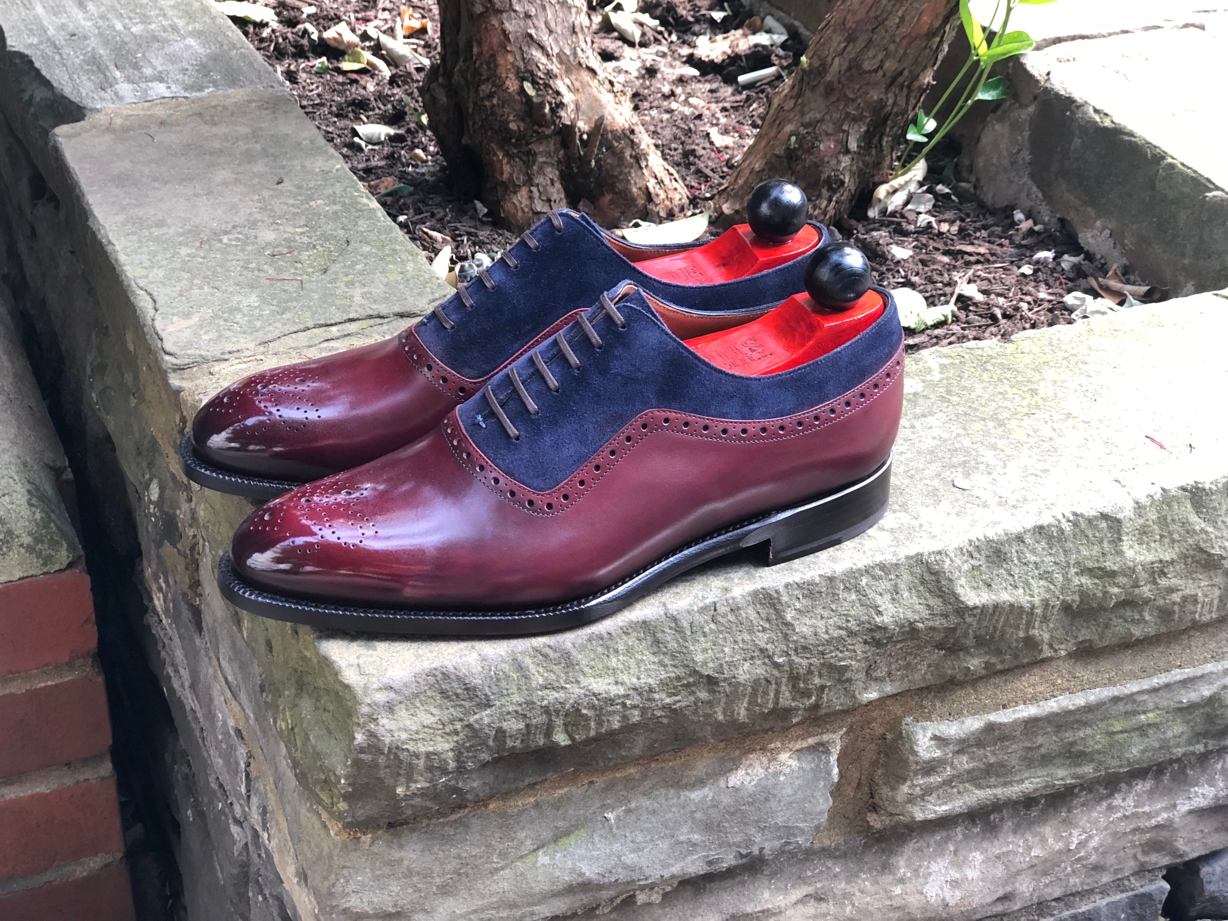 Roosevelt - MTO - Burgundy Calf / Dark Blue Suede - NGT Last - Single Leather Sole-Made To Order Medallion Adelaide Brogue Oxfords-J.FitzPatrick Footwear