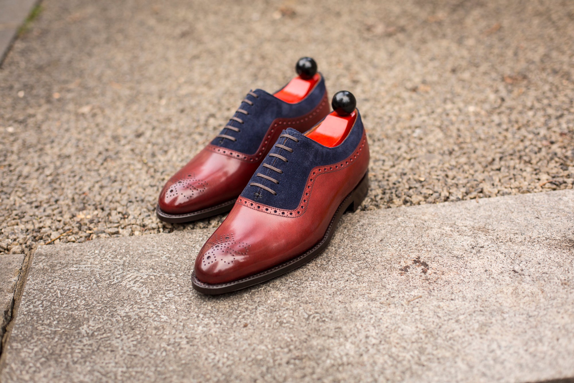 Roosevelt - MTO - Burgundy Calf / Dark Blue Suede - NGT Last - Single Leather Sole-Made To Order Medallion Adelaide Brogue Oxfords-J.FitzPatrick Footwear