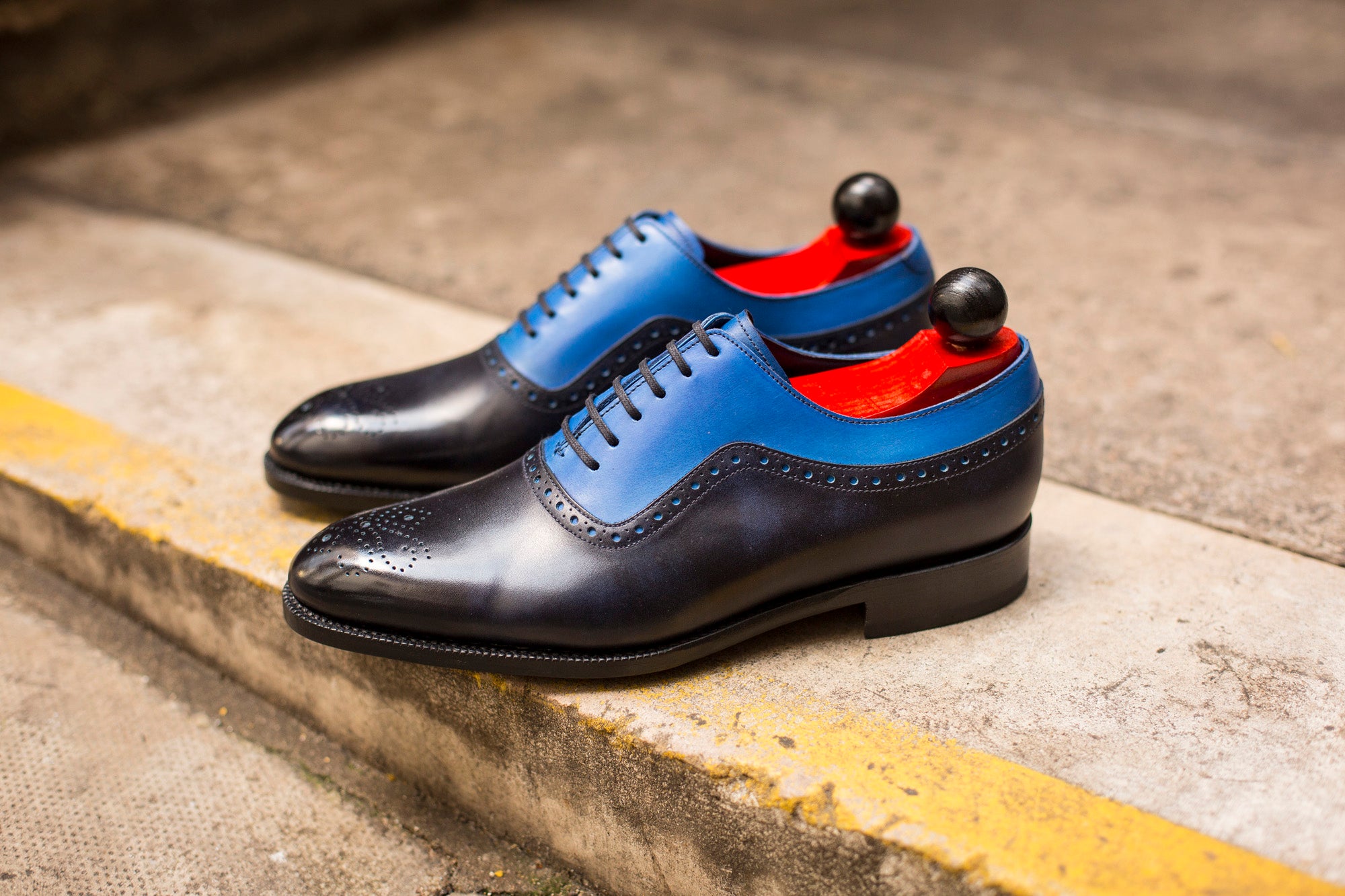 Roosevelt - MTO - Navy Museum Calf / Sky Blue Calf - NGT Last - Single Leather Sole-Made To Order Medallion Adelaide Brogue Oxfords-J.FitzPatrick Footwear