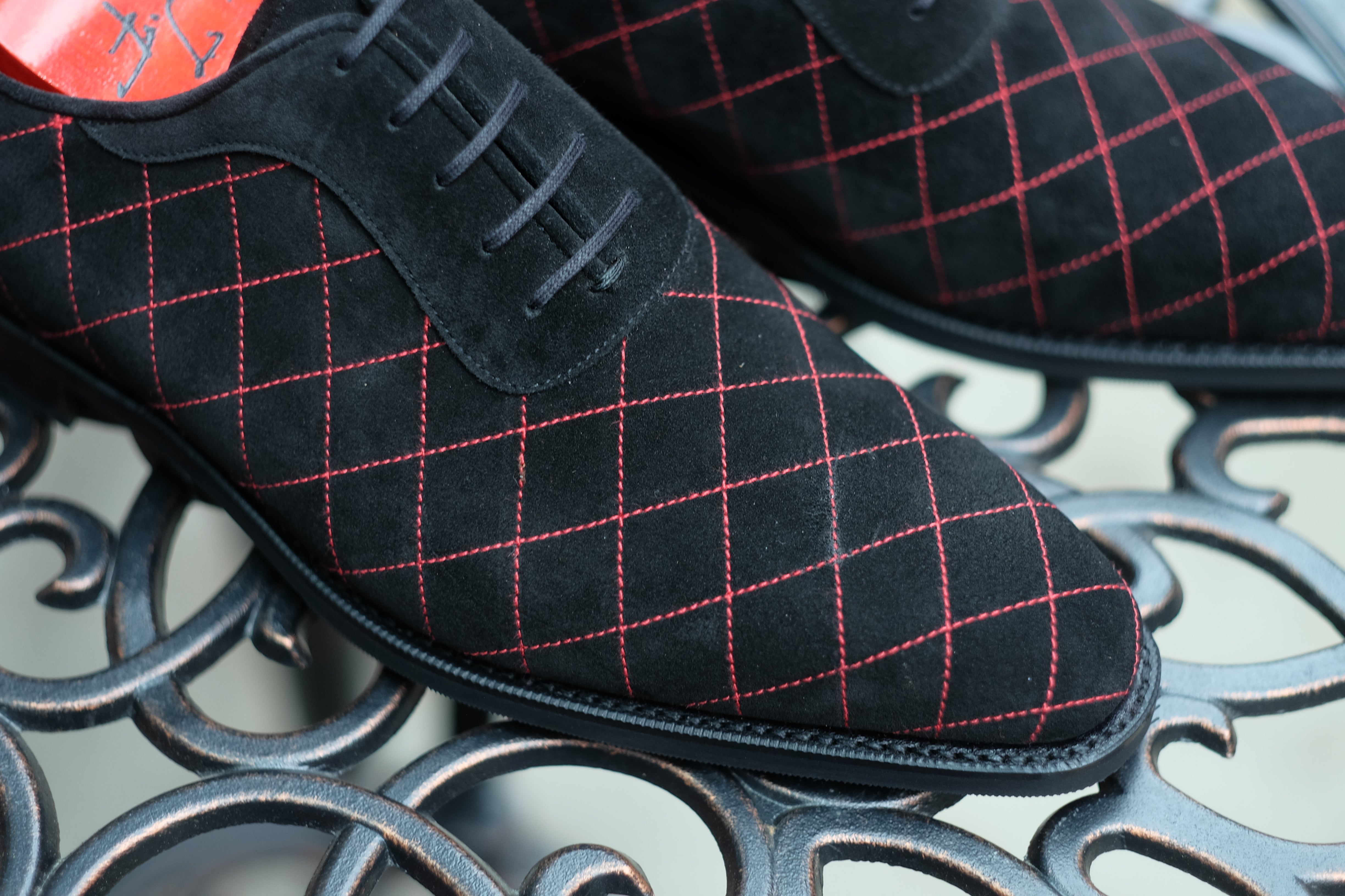 Spokane - MTO - Quilted Black Suede - Red Stitching - LPB Last - City Rubber Sole-Made To Order Quilted Adelaide Oxfords-J.FitzPatrick Footwear