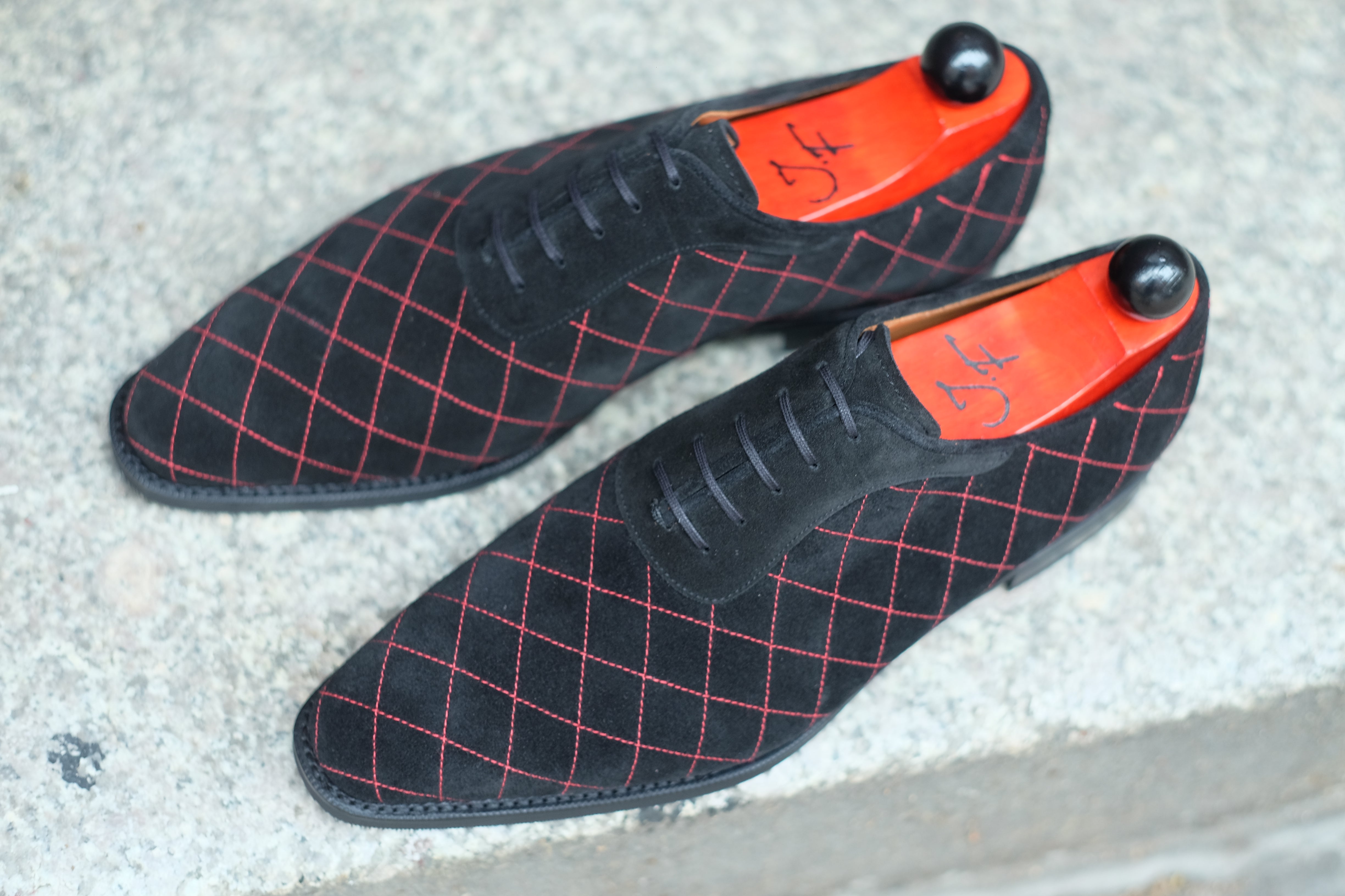 Spokane - MTO - Quilted Black Suede - Red Stitching - LPB Last - City Rubber Sole-Made To Order Quilted Adelaide Oxfords-J.FitzPatrick Footwear