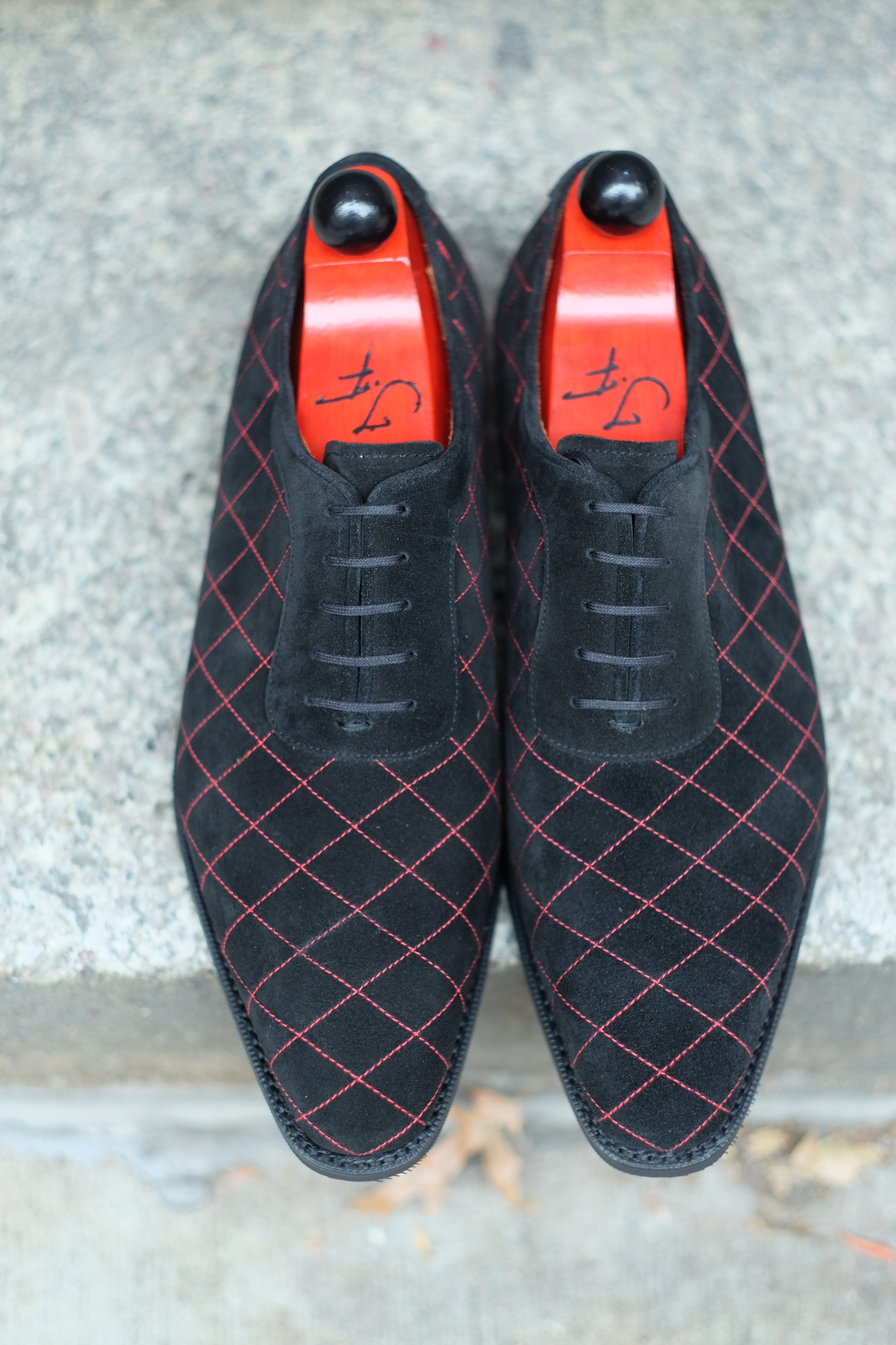 Spokane - MTO - Quilted Black Suede - Red Stitching - LPB Last - City Rubber Sole-Made To Order Quilted Adelaide Oxfords-J.FitzPatrick Footwear