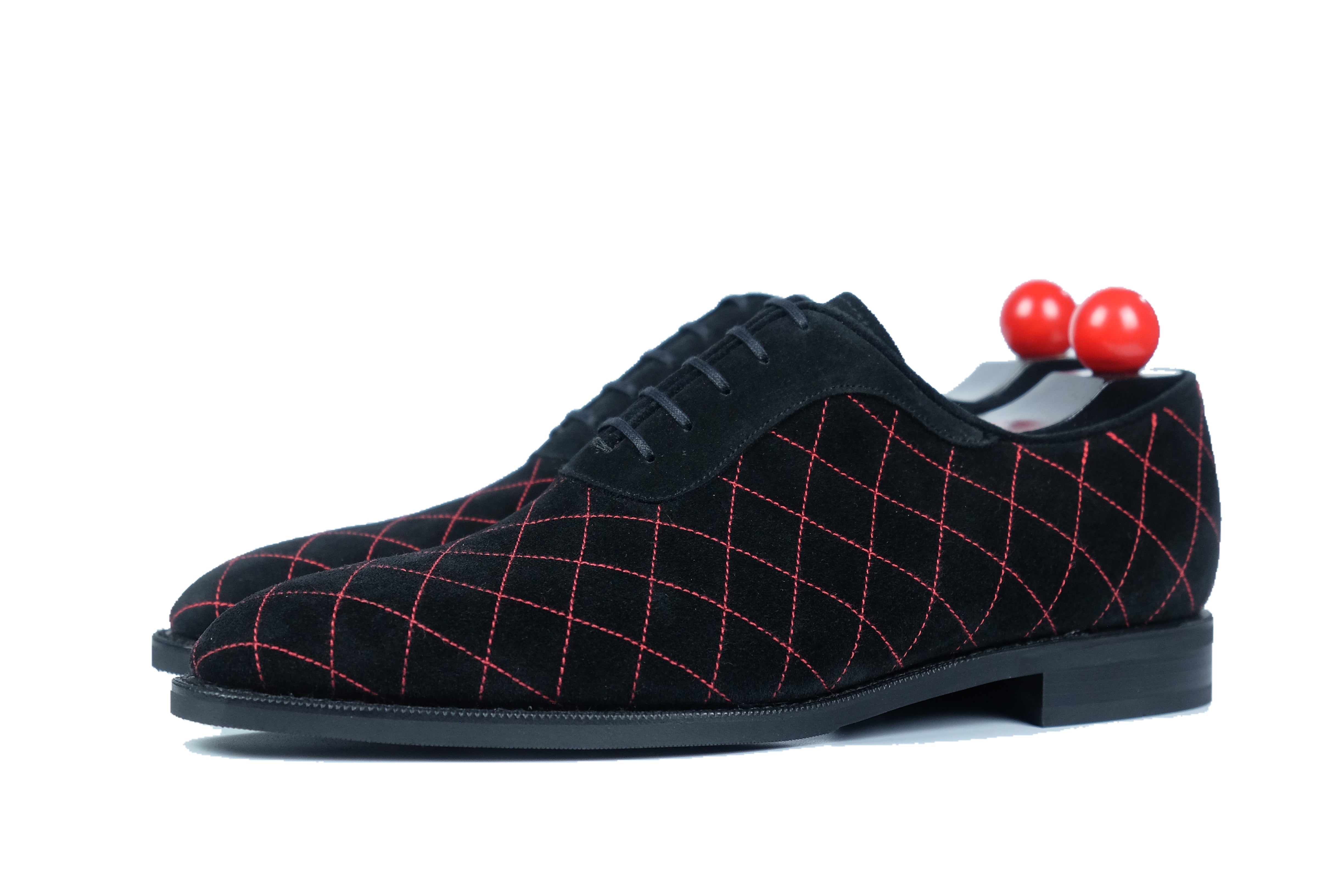 Spokane - MTO - Quilted Black Suede - Red Stitching - LPB Last - City Rubber Sole-Made To Order Quilted Adelaide Oxfords-J.FitzPatrick Footwear