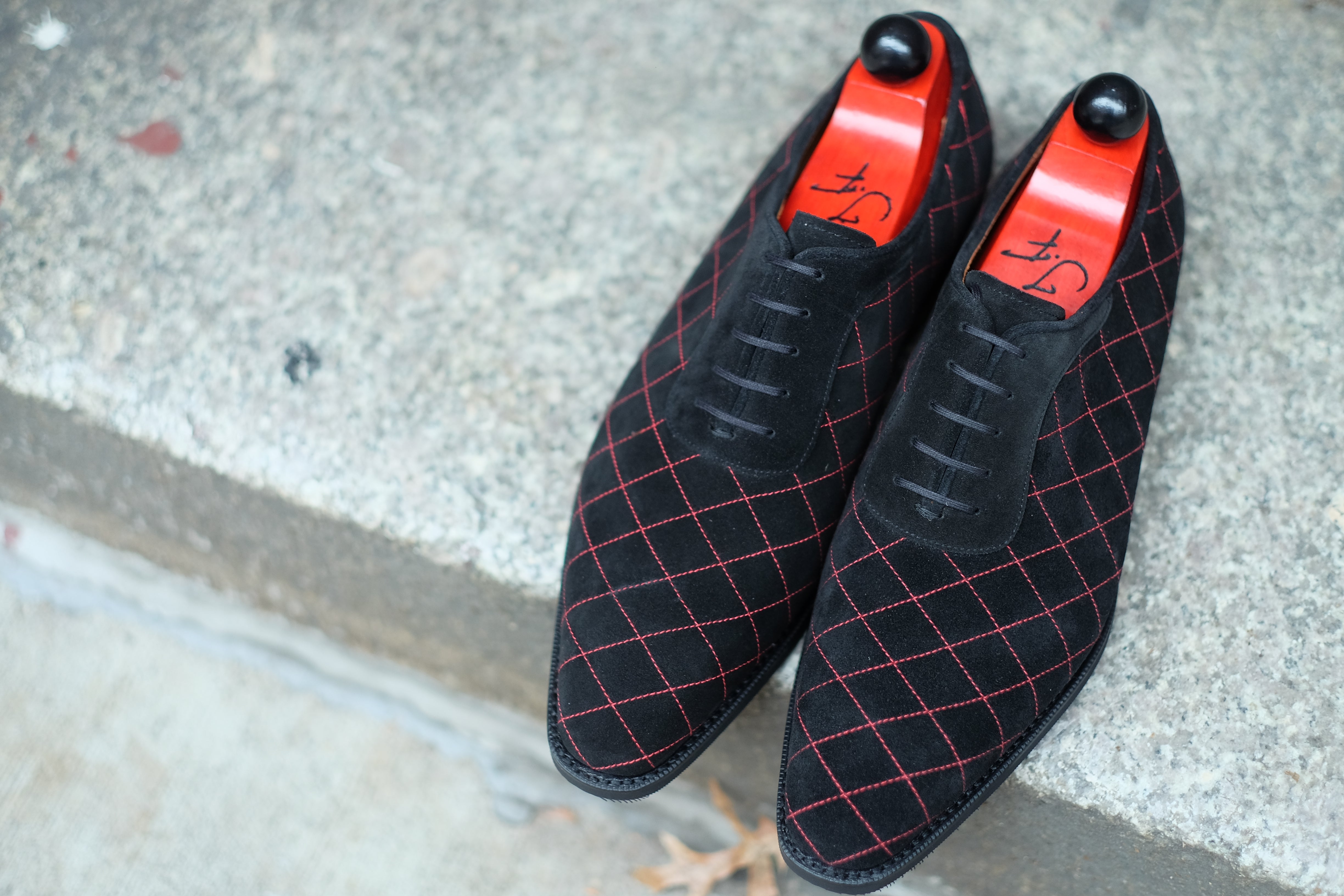 Spokane - MTO - Quilted Black Suede - Red Stitching - LPB Last - City Rubber Sole-Made To Order Quilted Adelaide Oxfords-J.FitzPatrick Footwear