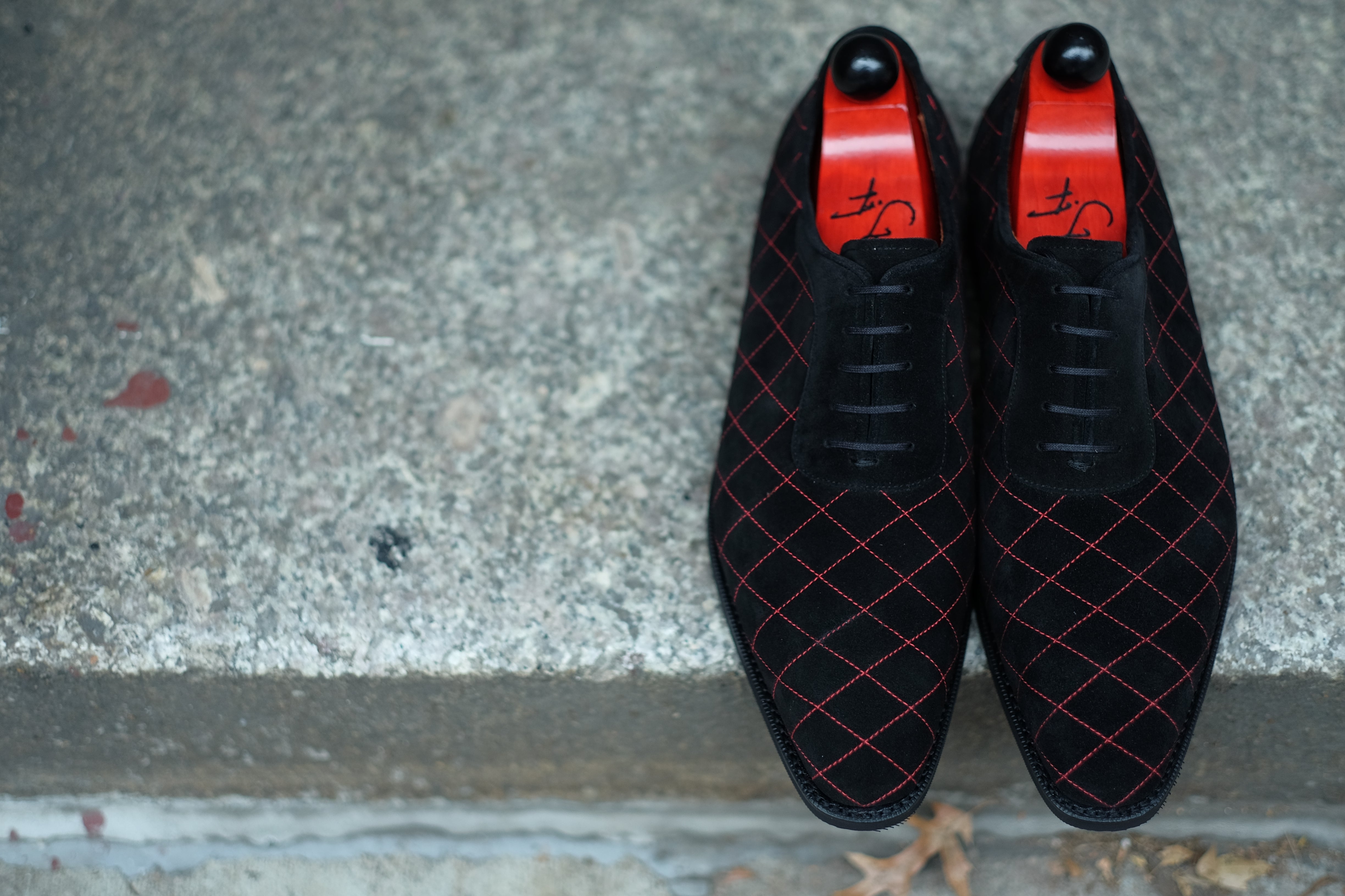 Spokane - MTO - Quilted Black Suede - Red Stitching - LPB Last - City Rubber Sole-Made To Order Quilted Adelaide Oxfords-J.FitzPatrick Footwear