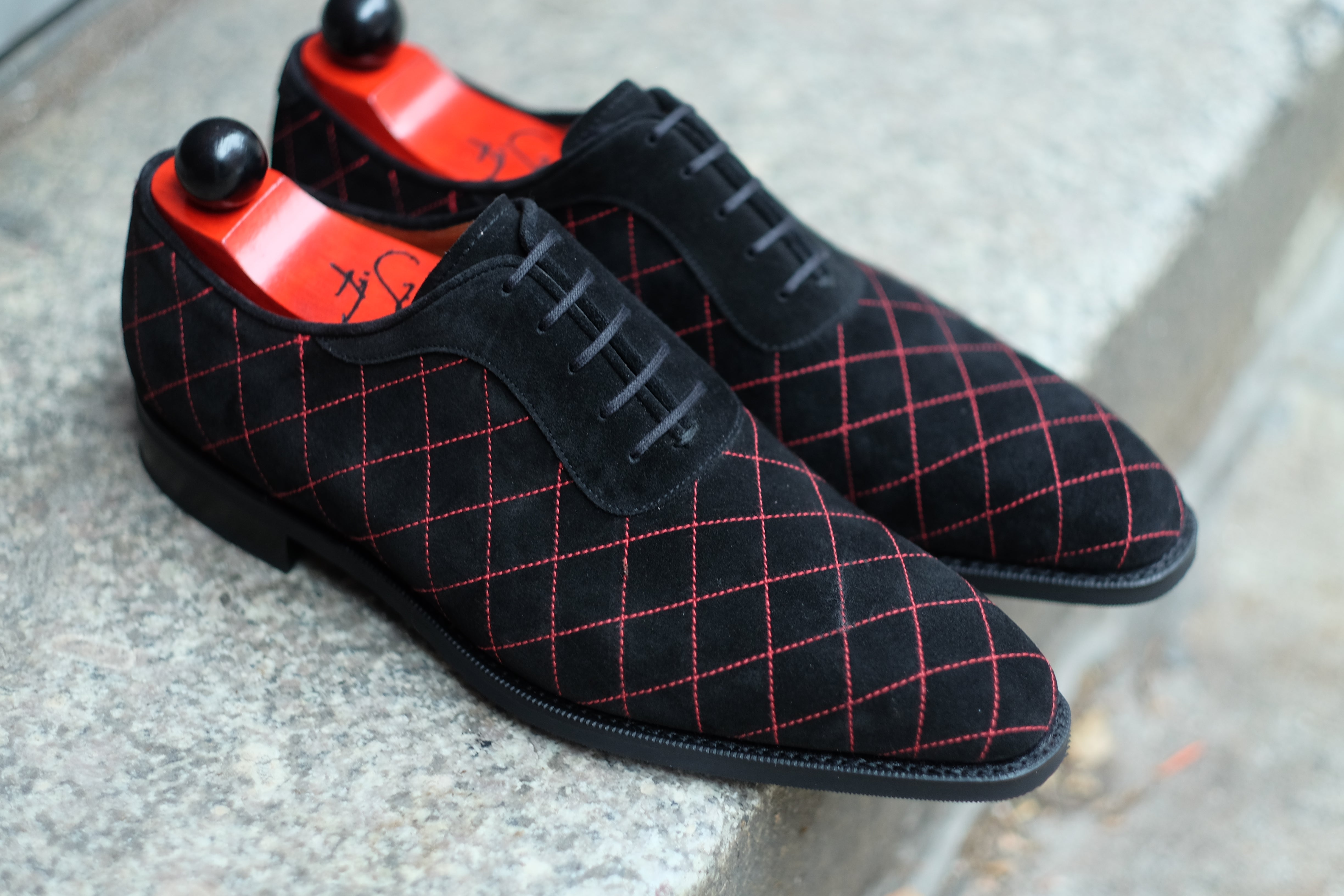 Spokane - MTO - Quilted Black Suede - Red Stitching - LPB Last - City Rubber Sole-Made To Order Quilted Adelaide Oxfords-J.FitzPatrick Footwear