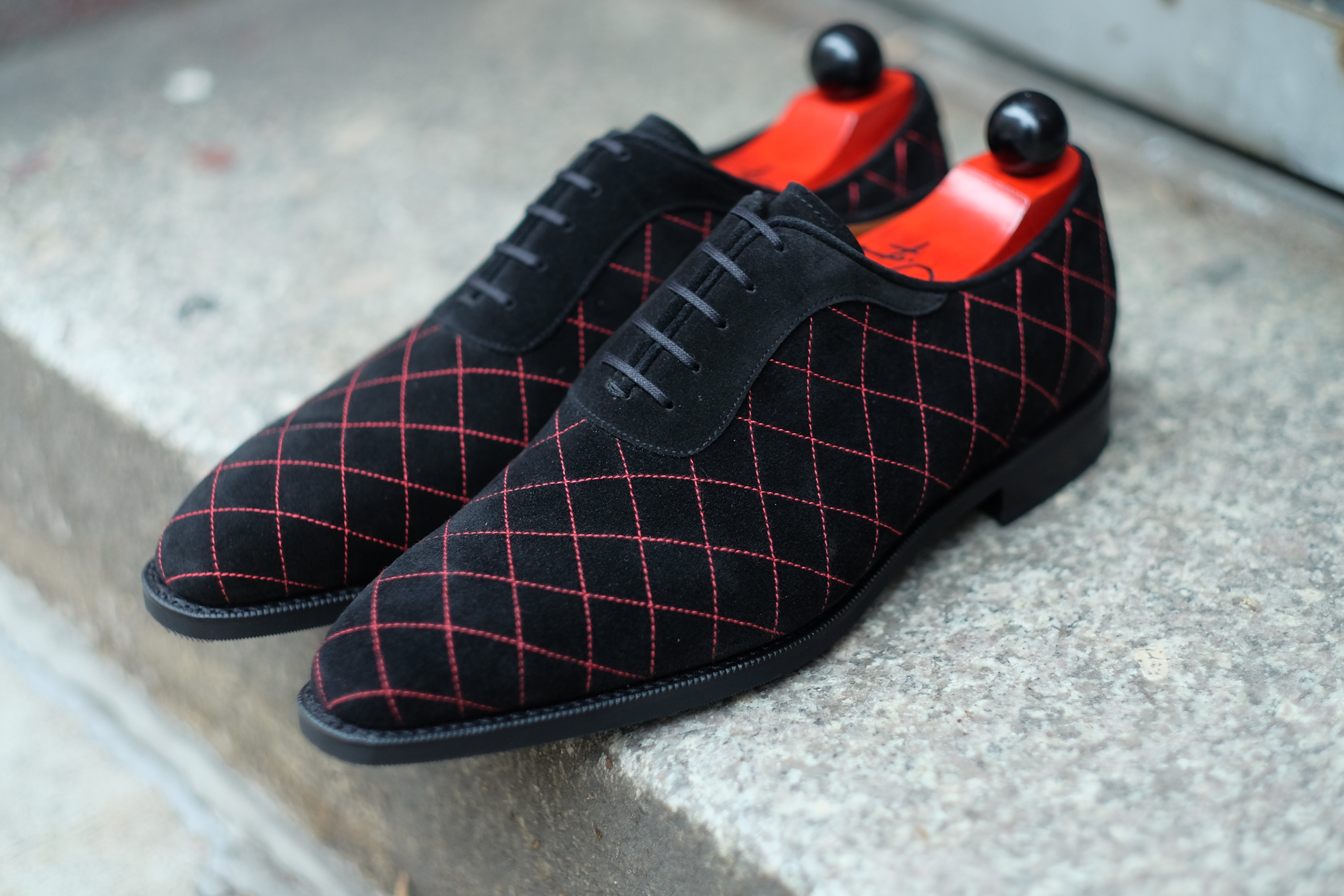 Spokane - MTO - Quilted Black Suede - Red Stitching - LPB Last - City Rubber Sole-Made To Order Quilted Adelaide Oxfords-J.FitzPatrick Footwear