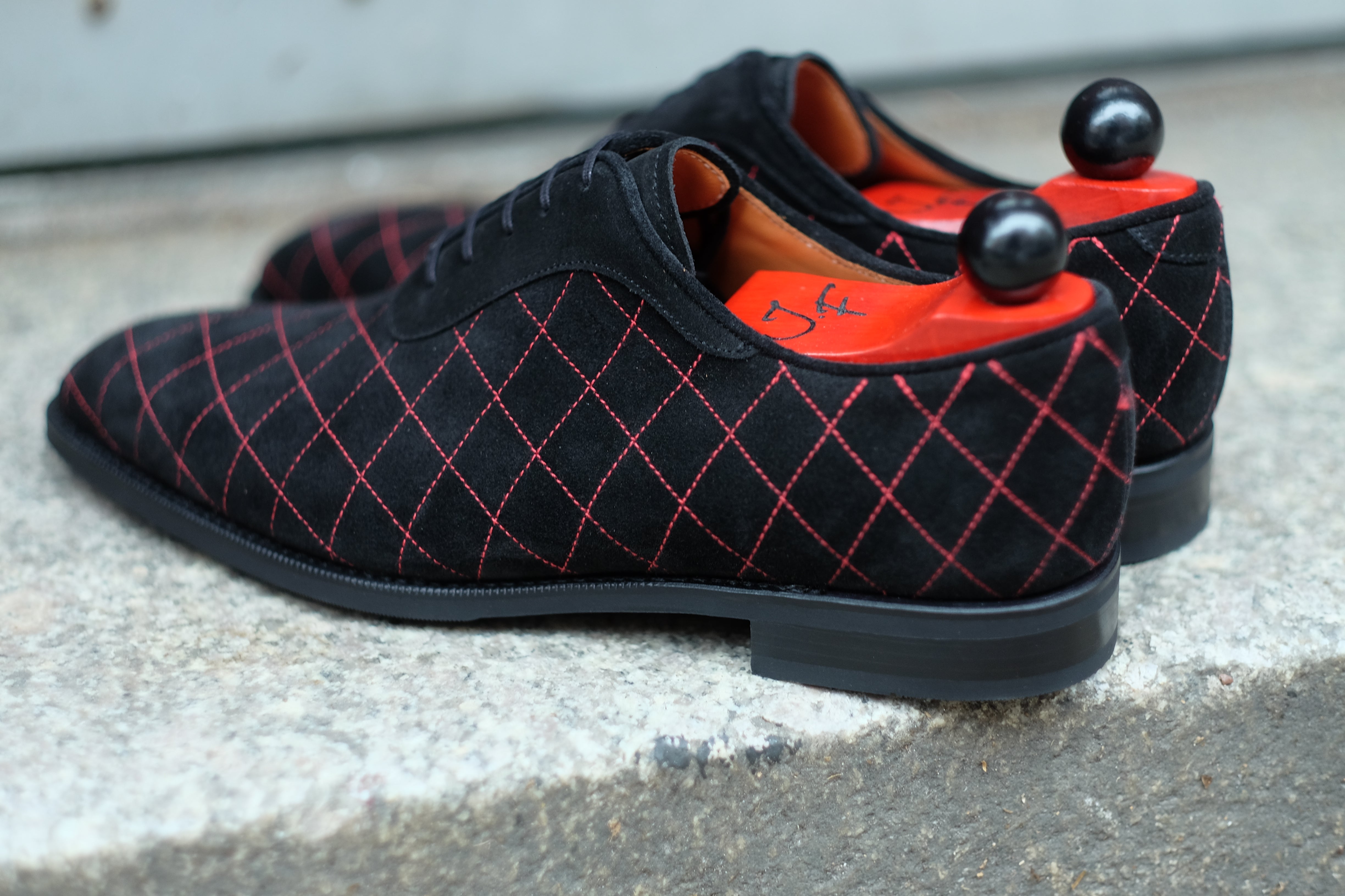 Spokane - MTO - Quilted Black Suede - Red Stitching - LPB Last - City Rubber Sole-Made To Order Quilted Adelaide Oxfords-J.FitzPatrick Footwear