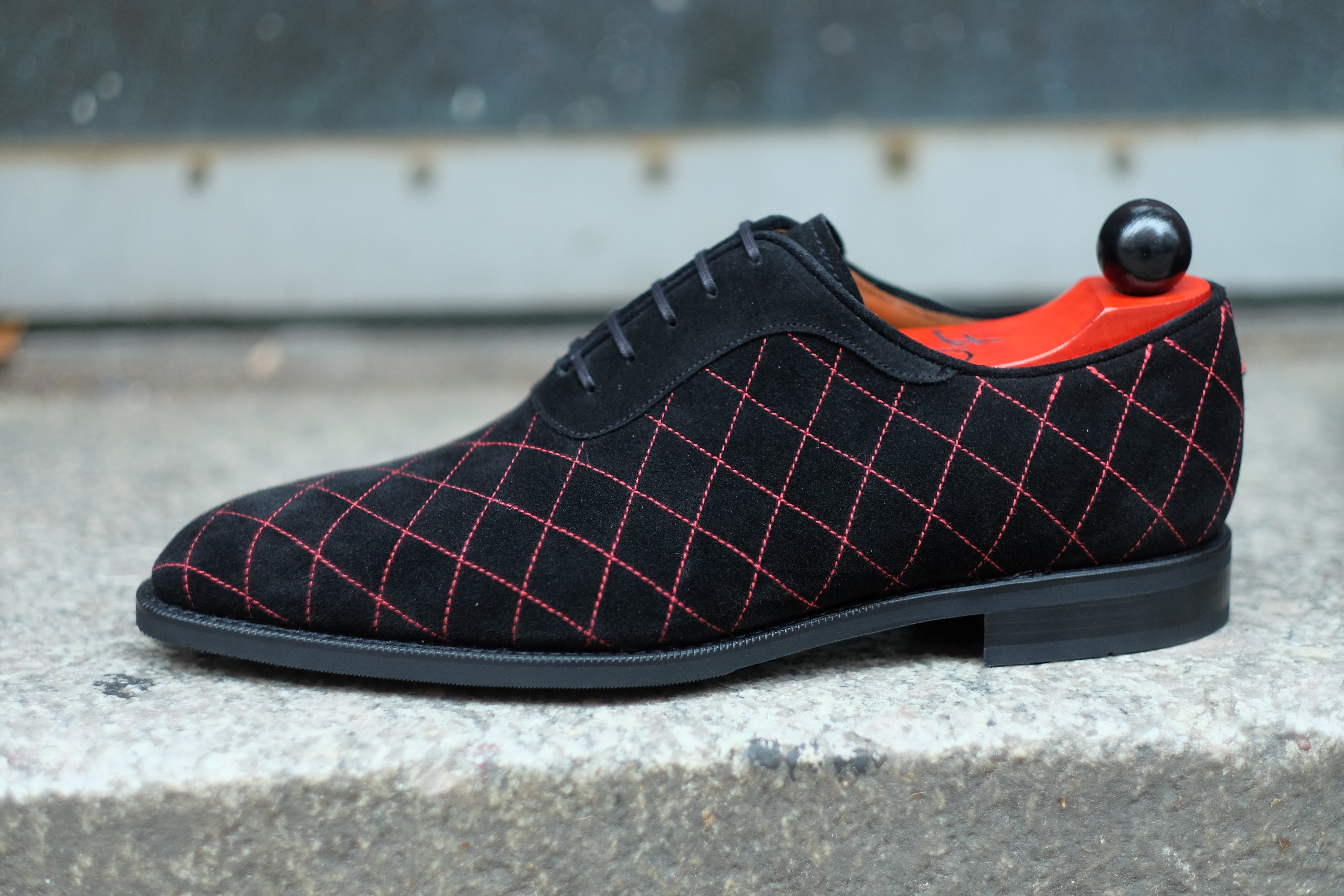 Spokane - MTO - Quilted Black Suede - Red Stitching - LPB Last - City Rubber Sole-Made To Order Quilted Adelaide Oxfords-J.FitzPatrick Footwear