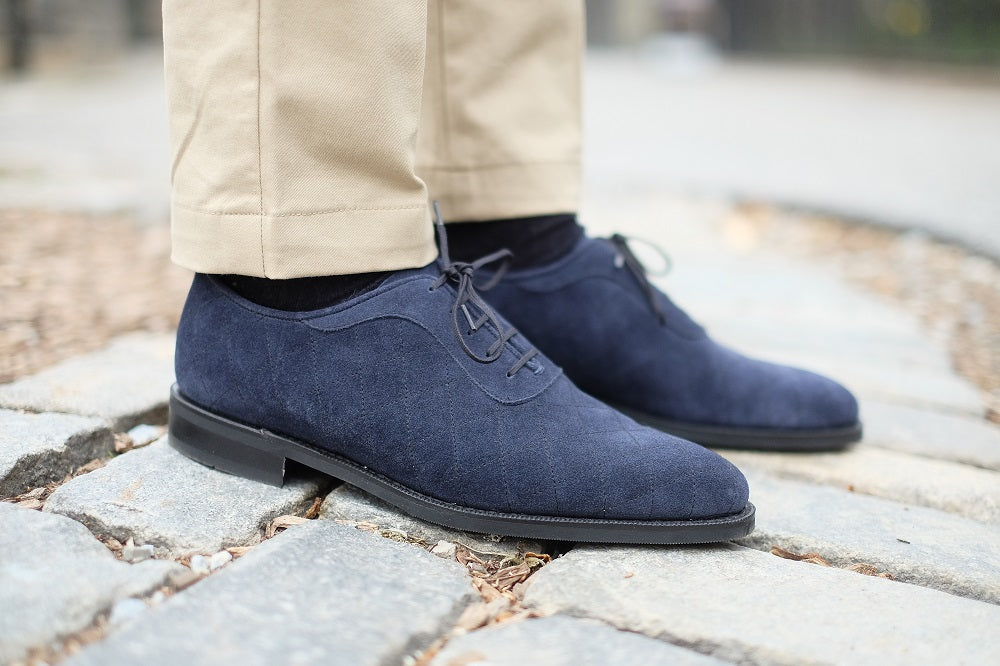 Spokane - MTO - Quilted Navy Suede - TMG Last - City Rubber Sole-Made To Order Quilted Adelaide Oxfords-J.FitzPatrick Footwear