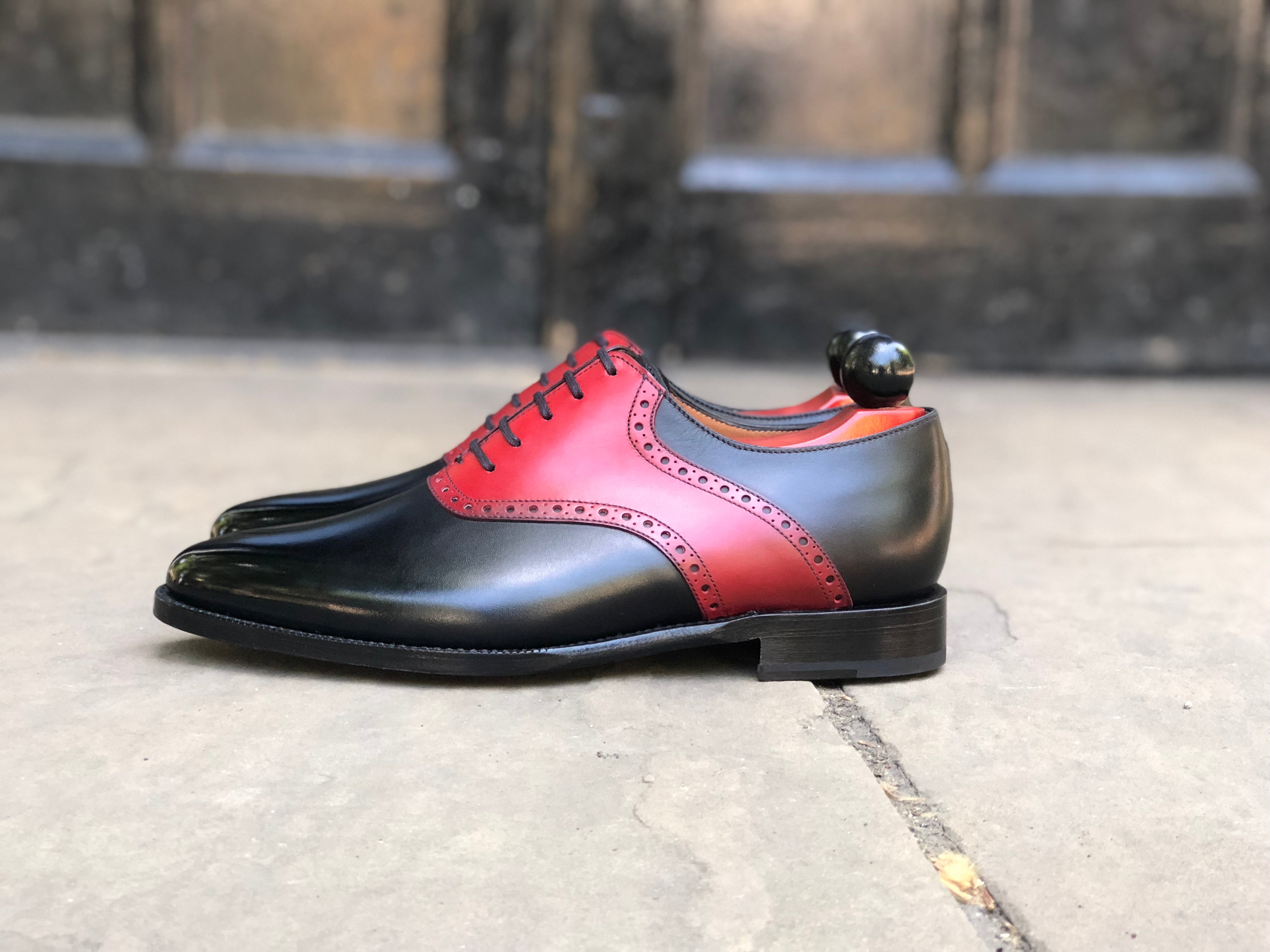 Stefano Redux - MTO - Black Calf / Red Calf Saddle - JKF Last - Single Leather Sole-Made To Order Saddle Shoe Spectator Oxfords-J.FitzPatrick Footwear