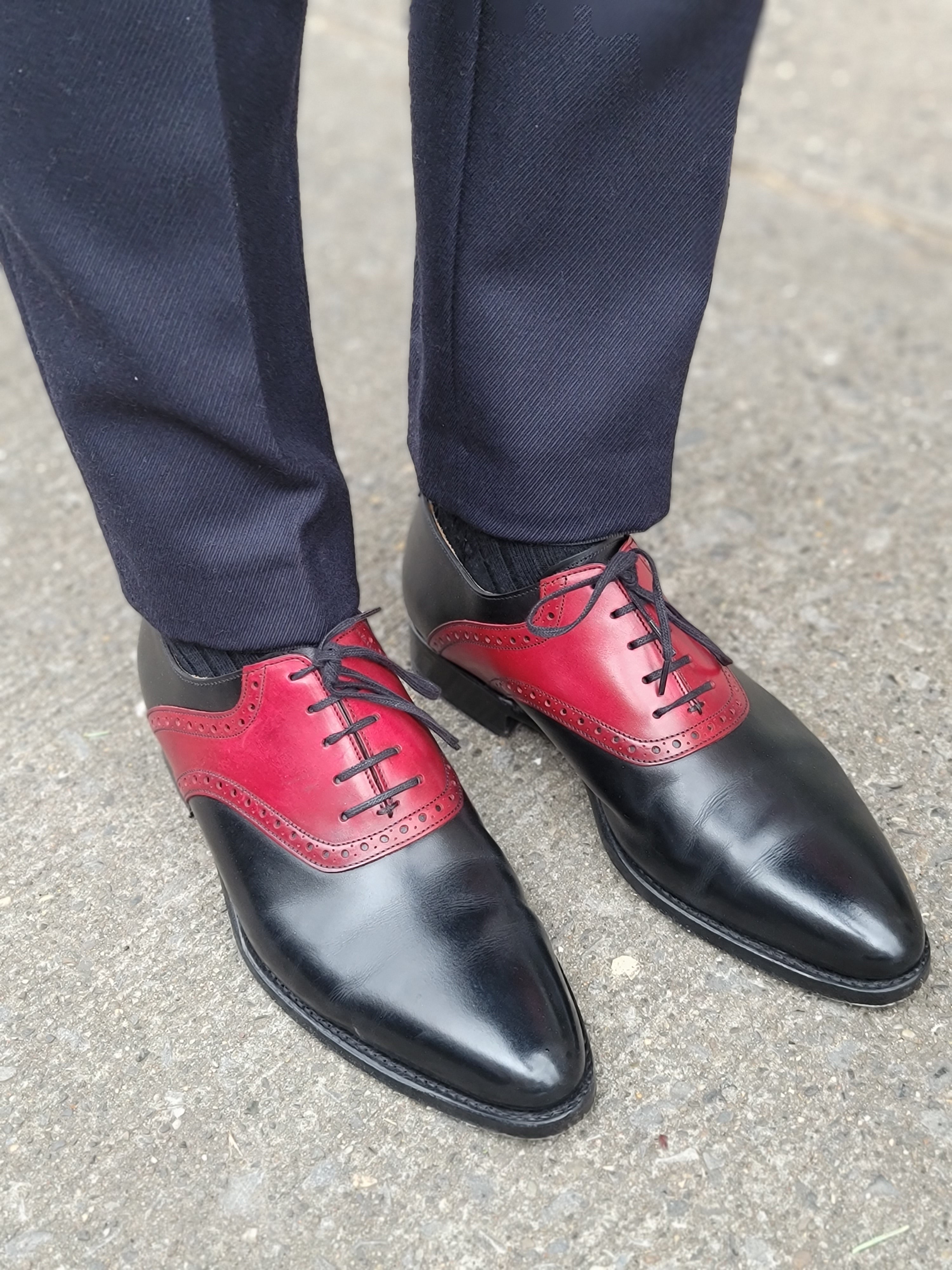 Stefano Redux - MTO - Black Calf / Red Calf Saddle - JKF Last - Single Leather Sole-Made To Order Saddle Shoe Spectator Oxfords-J.FitzPatrick Footwear