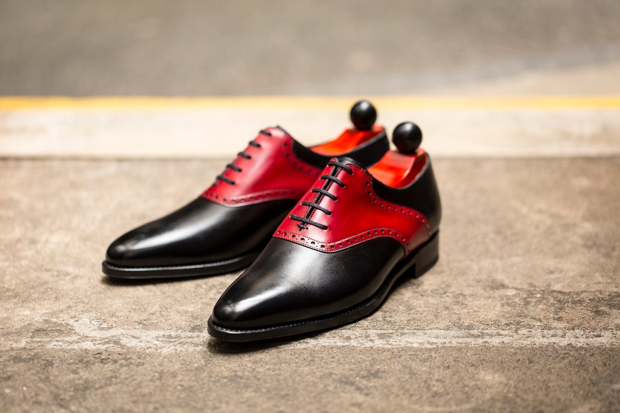Stefano Redux - MTO - Black Calf / Red Calf Saddle - JKF Last - Single Leather Sole-Made To Order Saddle Shoe Spectator Oxfords-J.FitzPatrick Footwear