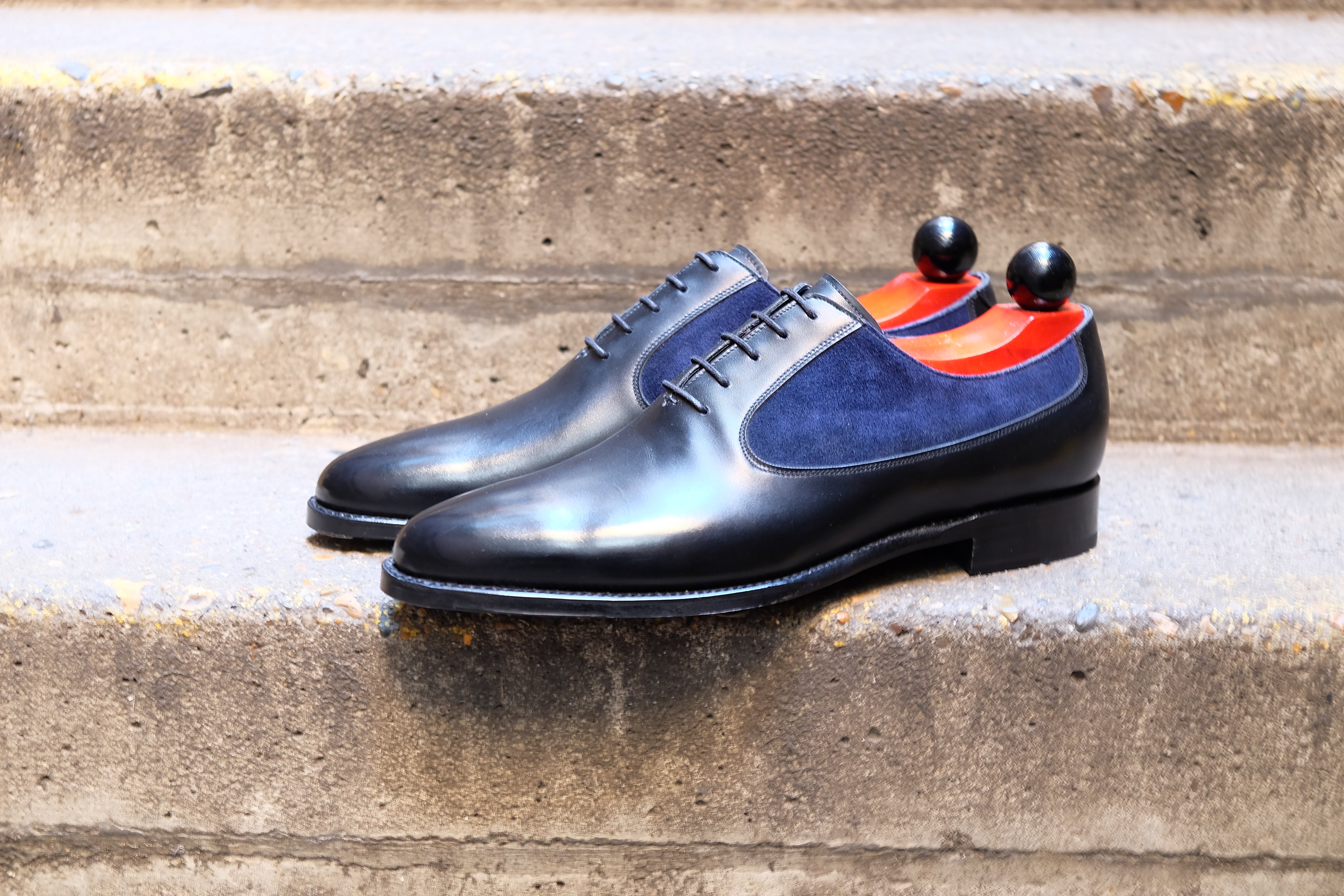 Tacoma - MTO - Black Calf / Navy Suede - JKF Last - Single Leather Sole-Made To Order Medallion Swan Neck Oxfords-J.FitzPatrick Footwear