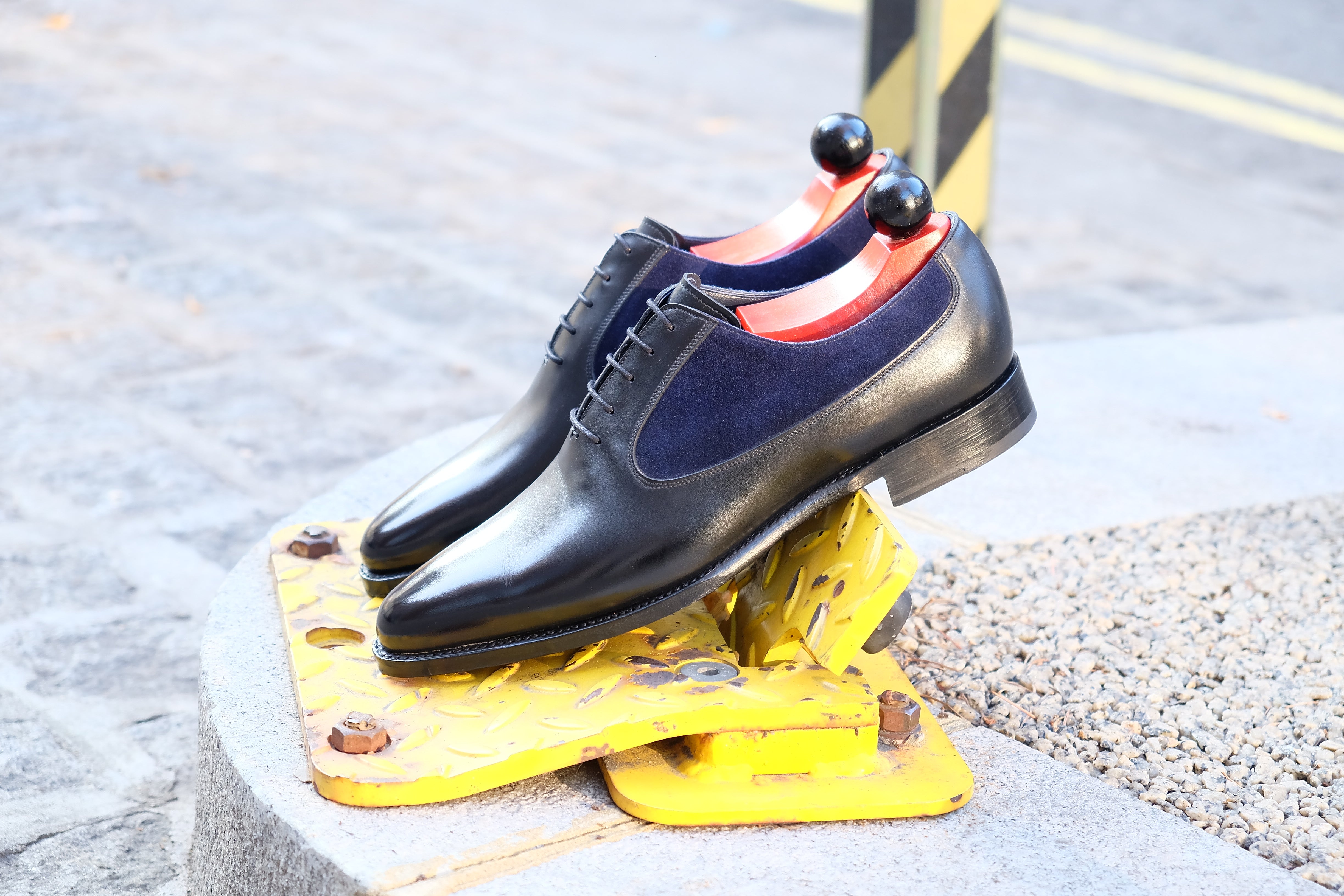 Tacoma - MTO - Black Calf / Navy Suede - JKF Last - Single Leather Sole-Made To Order Medallion Swan Neck Oxfords-J.FitzPatrick Footwear