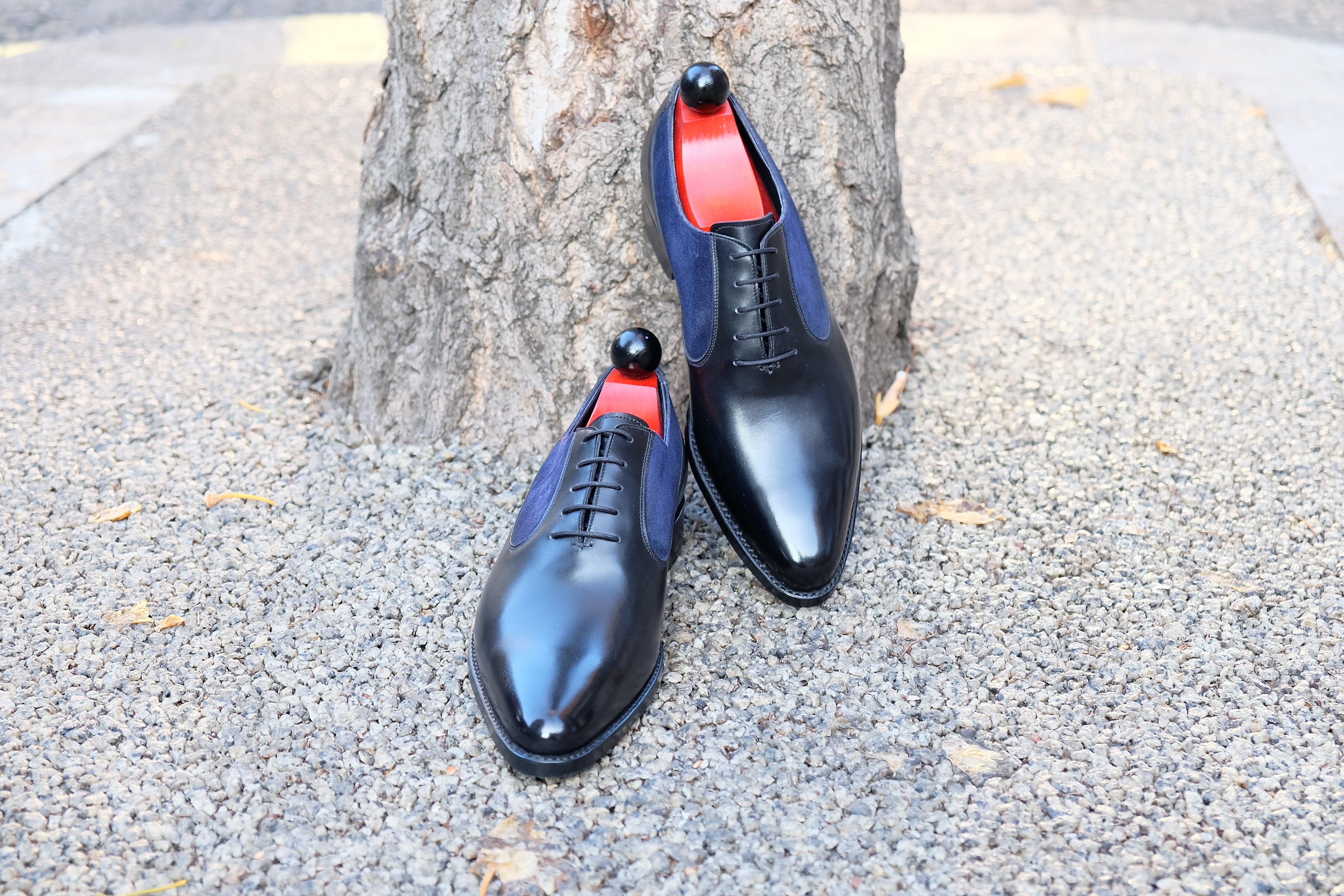 Tacoma - MTO - Black Calf / Navy Suede - JKF Last - Single Leather Sole-Made To Order Medallion Swan Neck Oxfords-J.FitzPatrick Footwear