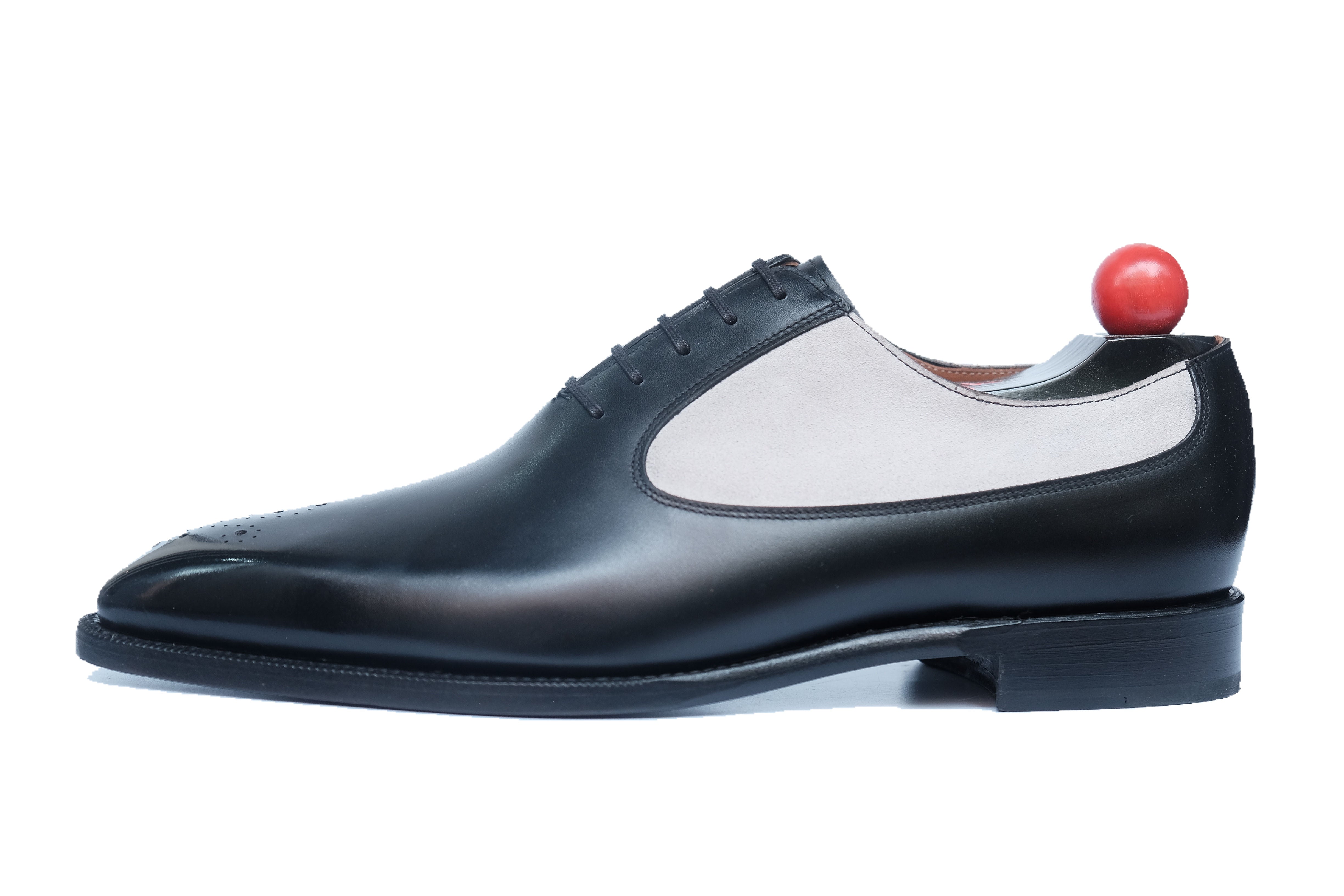 Tacoma - MTO - Black Calf / Pearl Grey Suede - Fleur De Lys Medallion - MGF Last - Single Leather Sole-Made To Order Medallion Swan Neck Oxfords-J.FitzPatrick Footwear