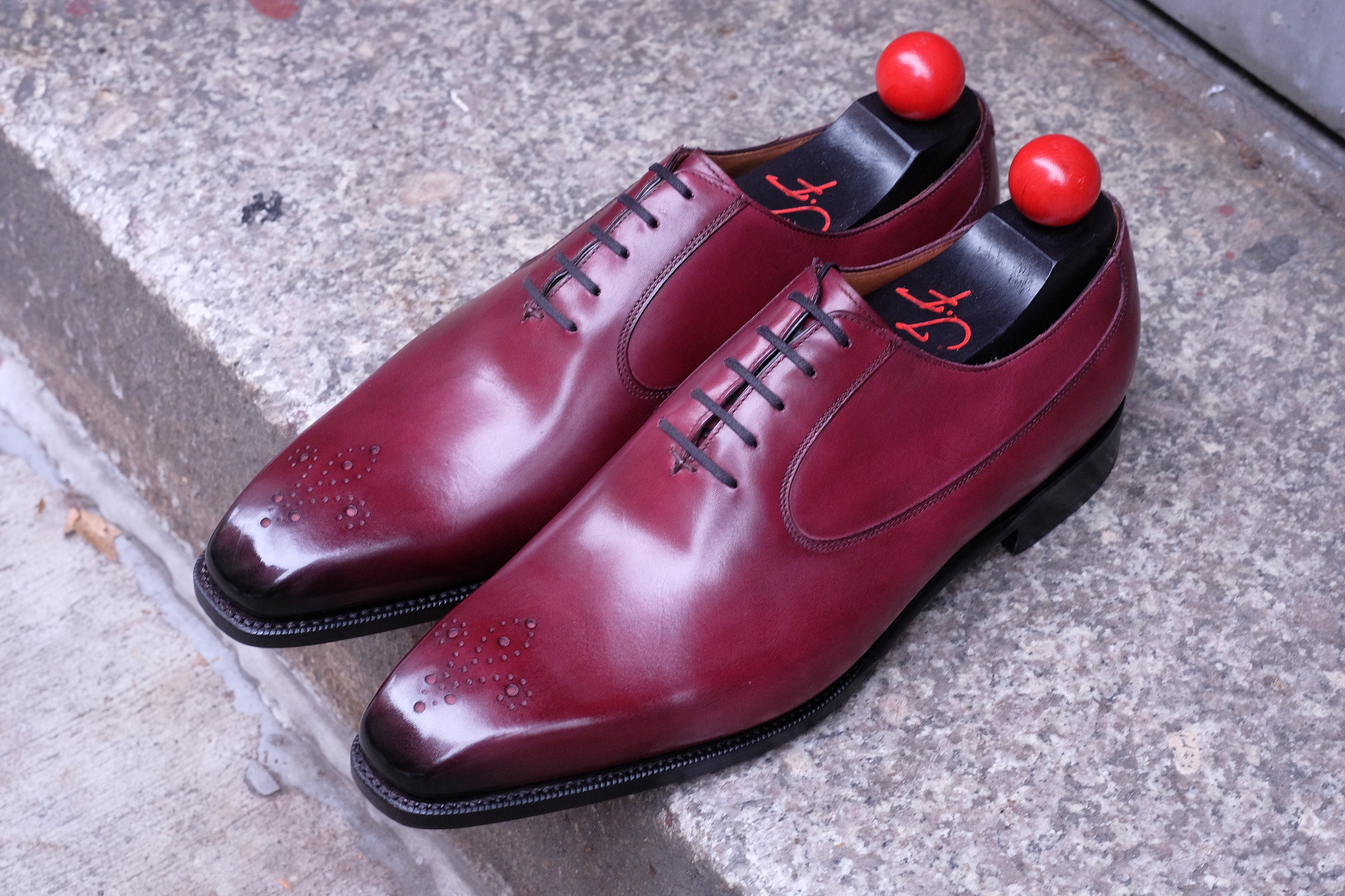 Tacoma - MTO - Raspberry Calf - MGF Last - Single Leather Sole-Made To Order Medallion Swan Neck Oxfords-J.FitzPatrick Footwear