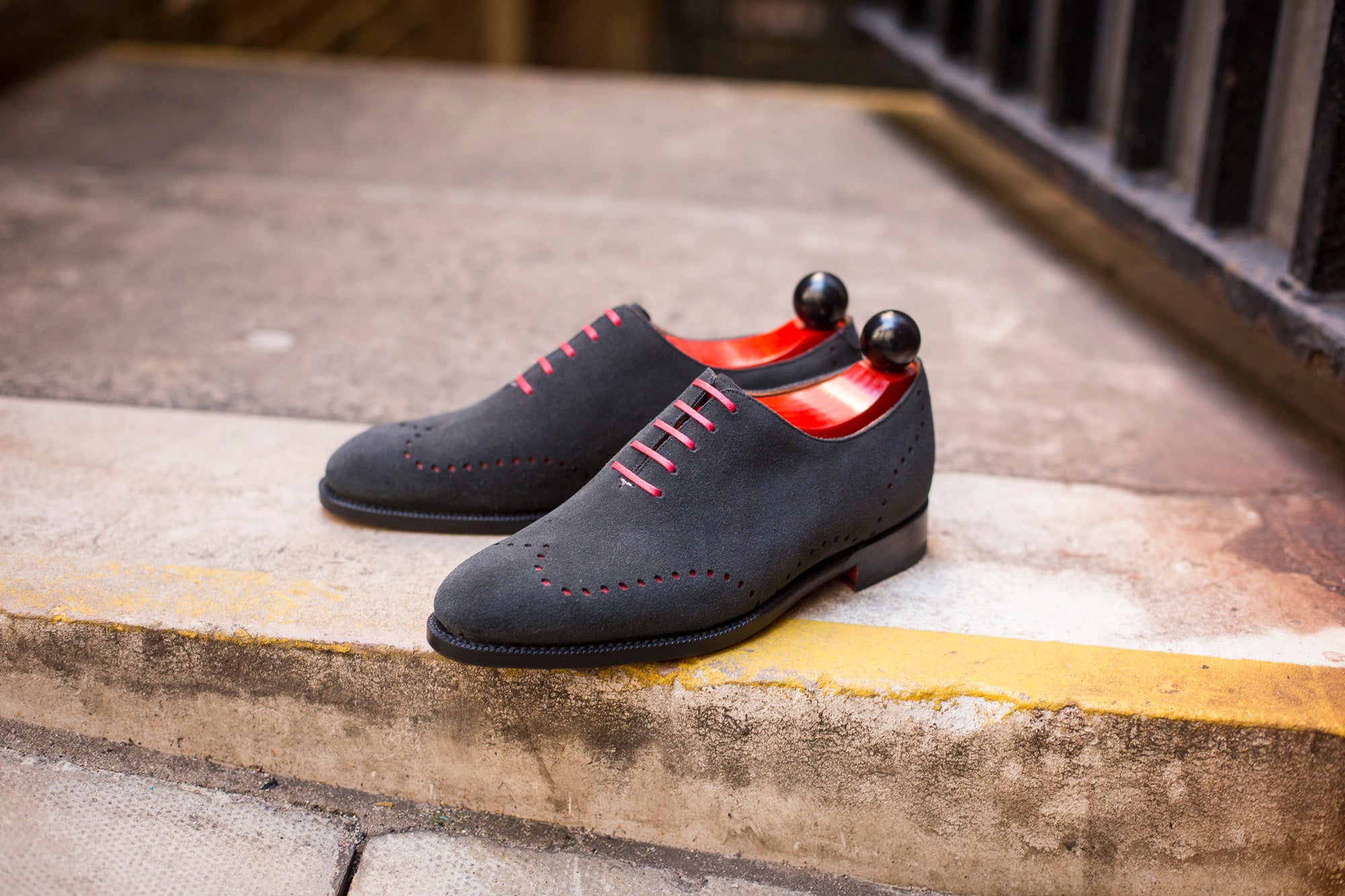 Tony - MTO - Black Suede - Red Underlay - TMG Last - Red Single Leather Sole-Made To Order Wholecut Whole Cut Wingtip Oxfords-J.FitzPatrick Footwear
