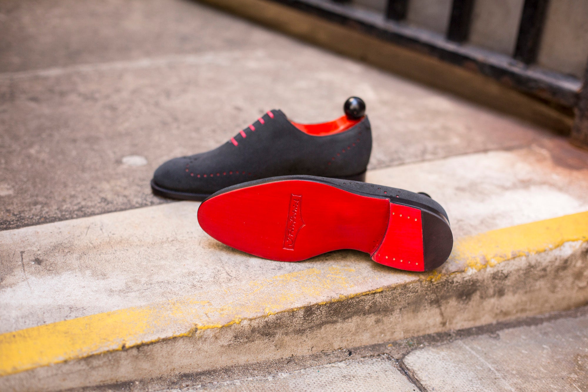Tony - MTO - Black Suede - Red Underlay - TMG Last - Red Single Leather Sole-Made To Order Wholecut Whole Cut Wingtip Oxfords-J.FitzPatrick Footwear