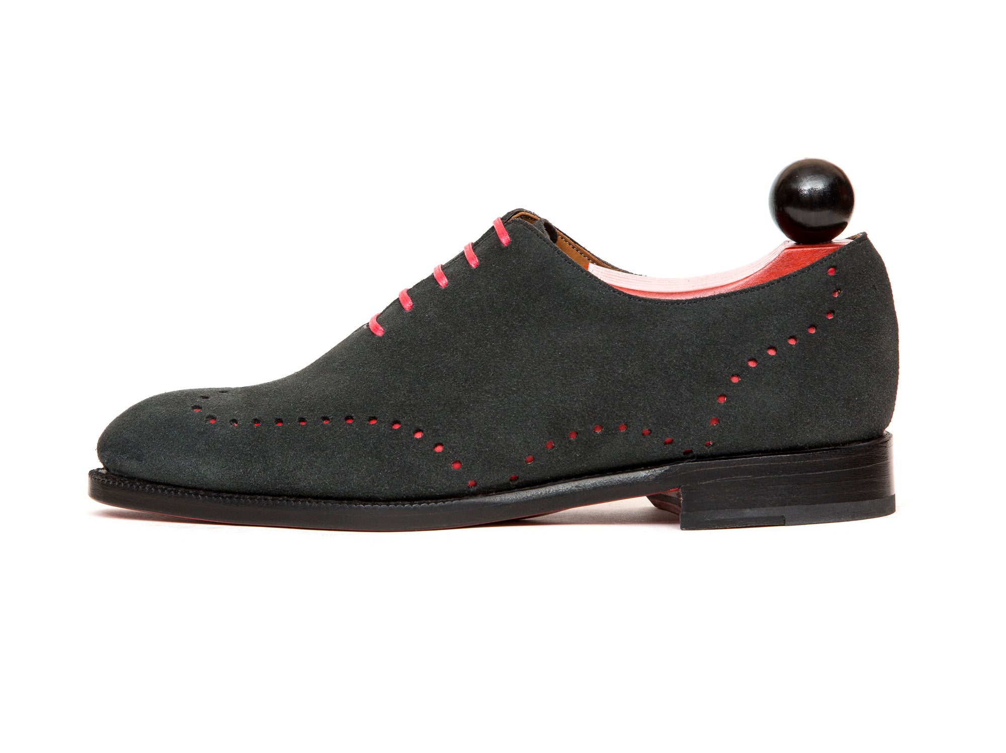 Tony - MTO - Black Suede - Red Underlay - TMG Last - Red Single Leather Sole-Made To Order Wholecut Whole Cut Wingtip Oxfords-J.FitzPatrick Footwear