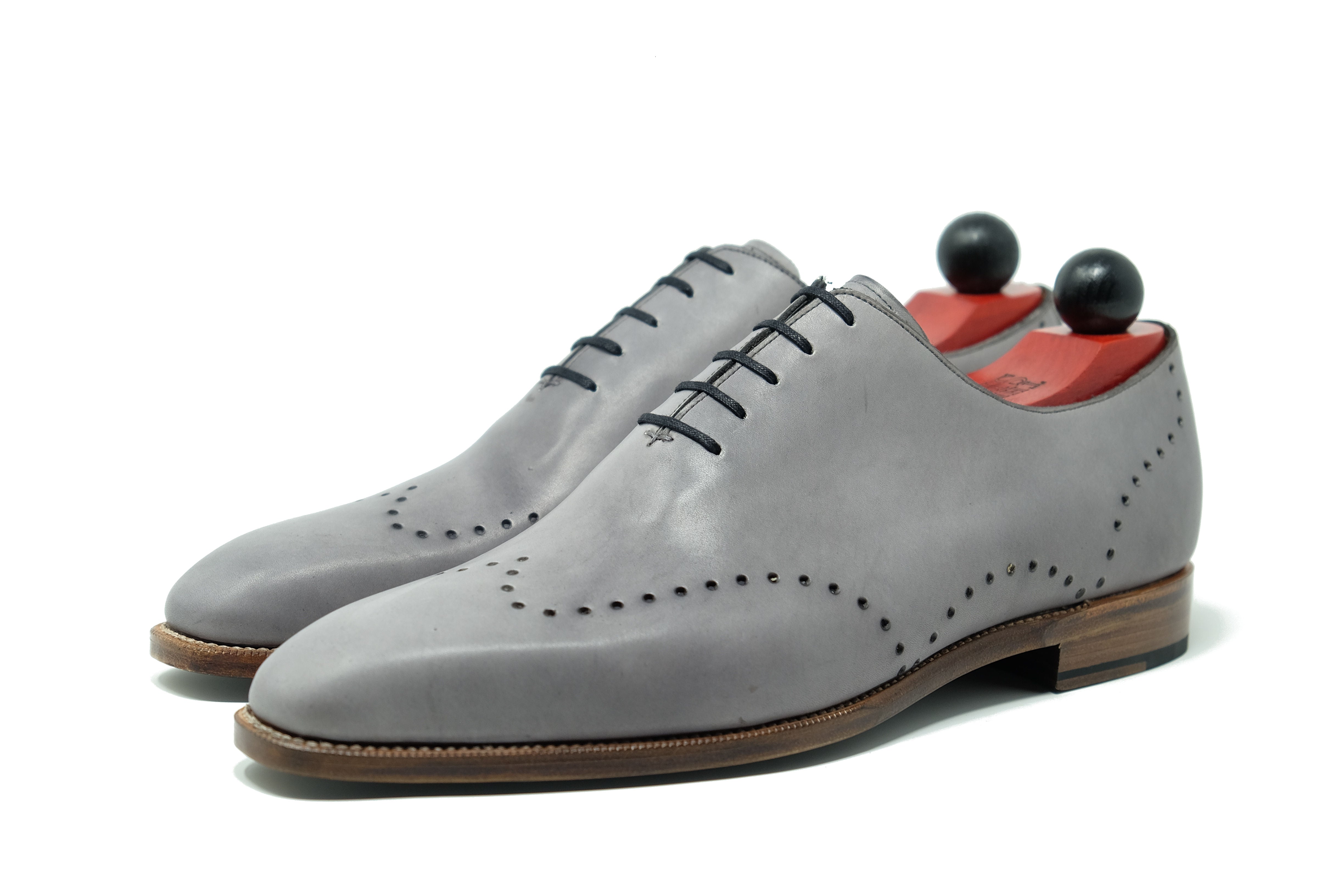 Tony - MTO - Unfinished Grey Calf - LPB Last - Natural Single Leather Sole-Made To Order Wholecut Whole Cut Wingtip Oxfords-J.FitzPatrick Footwear