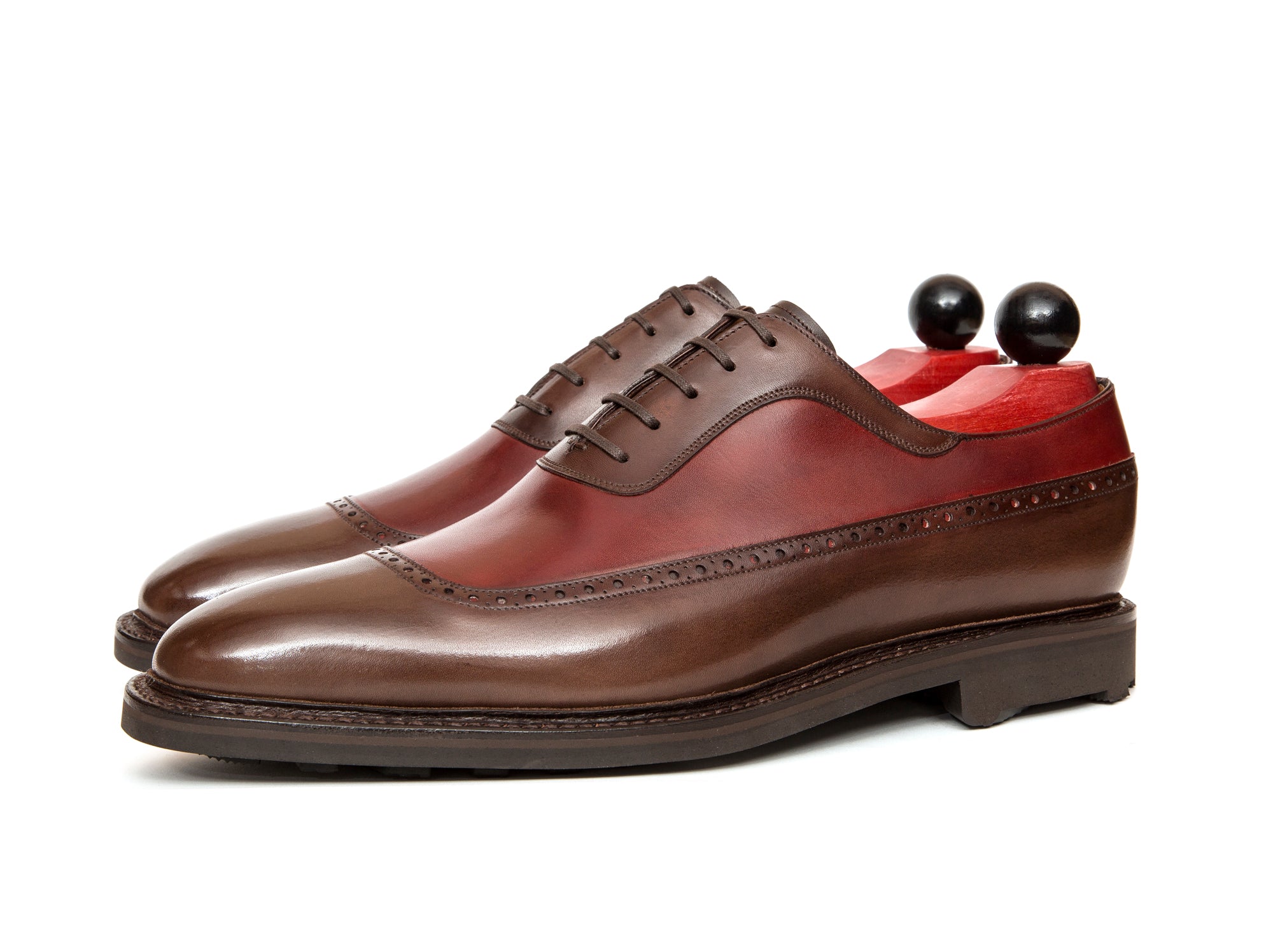 Tulloss - MTO - Shaded Brown Calf / Burgundy Calf - LPB Last - Rugged Rubber Sole-Made To Order Longwing Long Wing U Cap Brogue Adelaide Oxford-J.FitzPatrick Footwear
