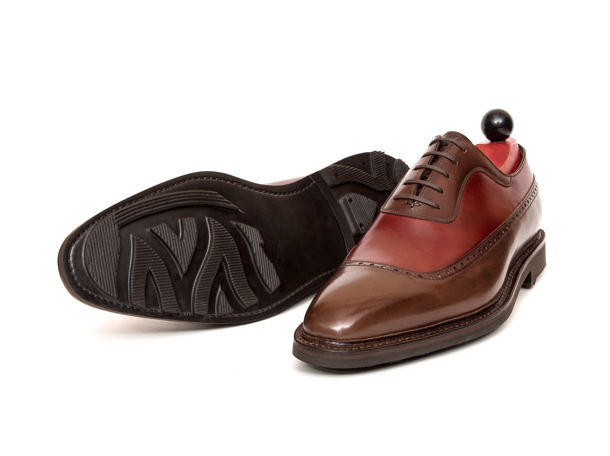 Tulloss - MTO - Shaded Brown Calf / Burgundy Calf - LPB Last - Rugged Rubber Sole-Made To Order Longwing Long Wing U Cap Brogue Adelaide Oxford-J.FitzPatrick Footwear