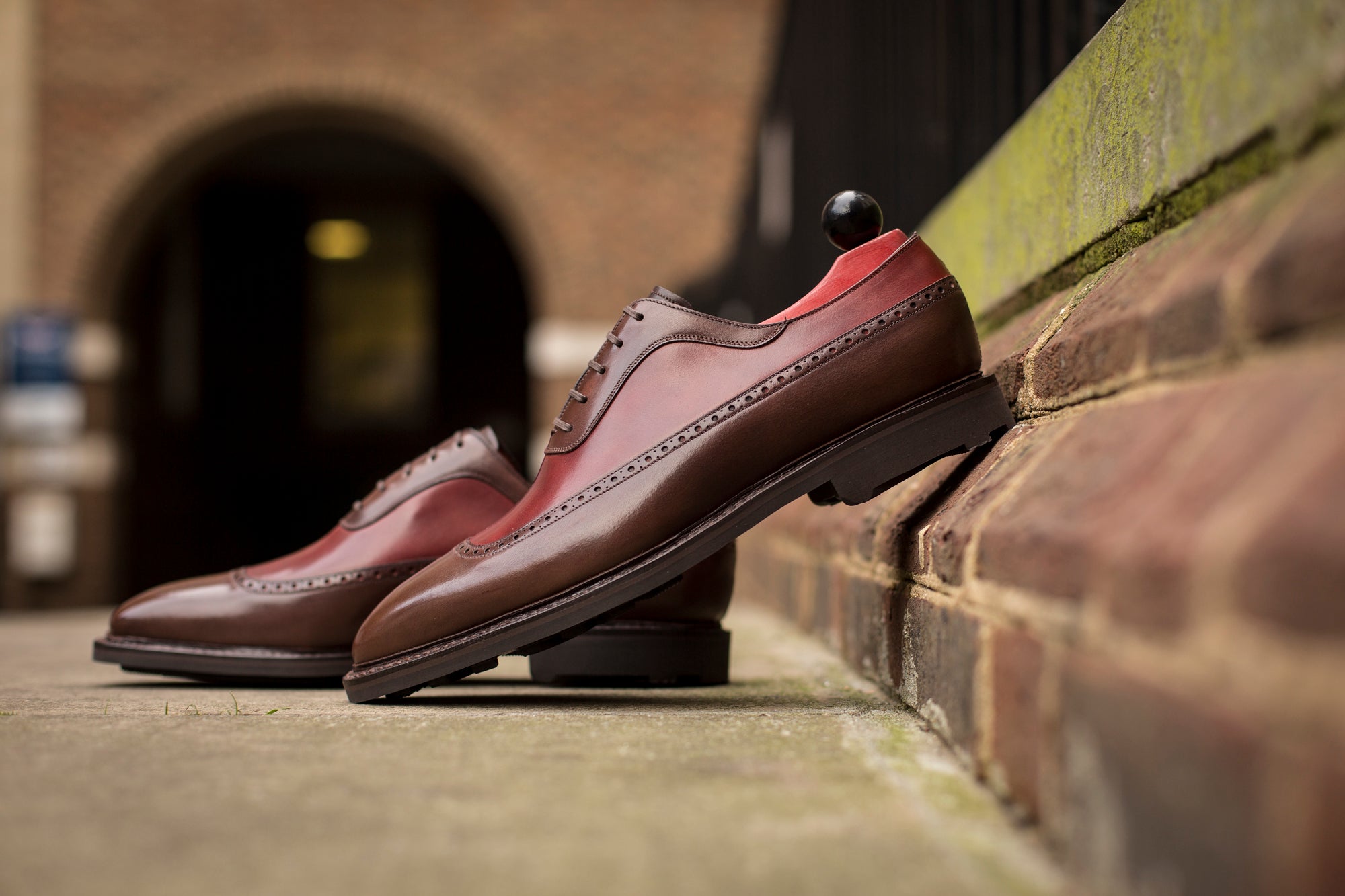 Tulloss - MTO - Shaded Brown Calf / Burgundy Calf - LPB Last - Rugged Rubber Sole-Made To Order Longwing Long Wing U Cap Brogue Adelaide Oxford-J.FitzPatrick Footwear