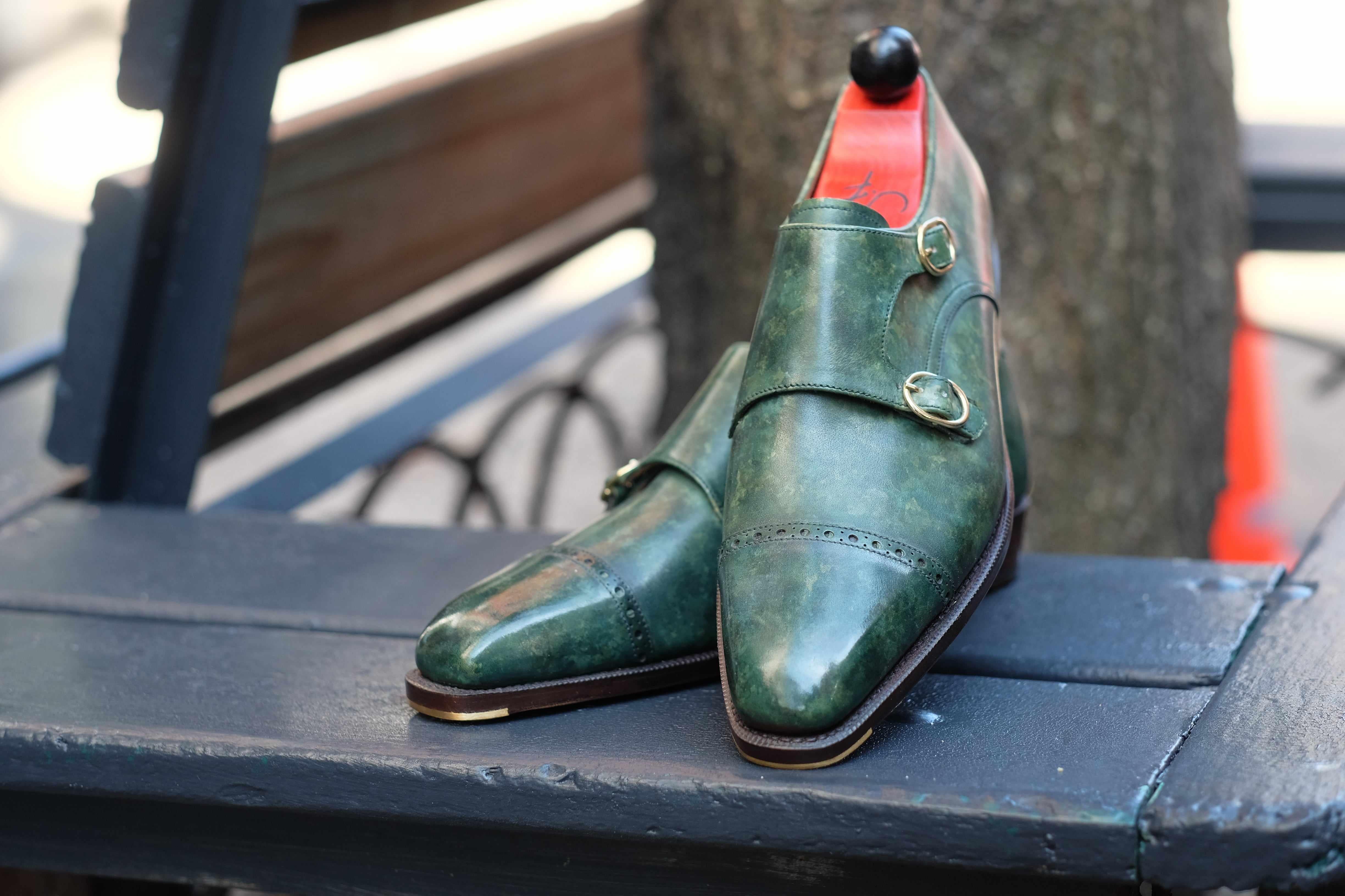 Woodland - Forest Green Marble Patina-Double Monk Straps Monkstraps-J.FitzPatrick Footwear
