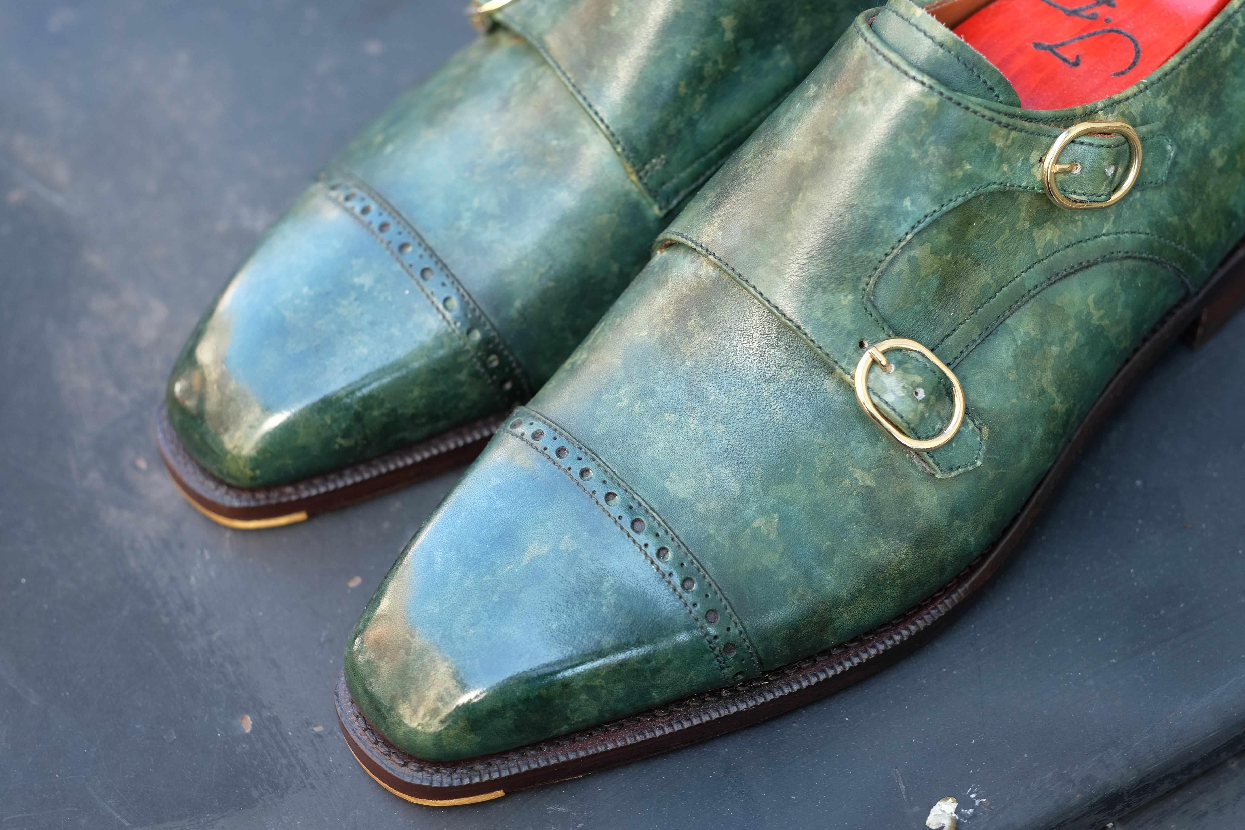 Woodland - Forest Green Marble Patina-Double Monk Straps Monkstraps-J.FitzPatrick Footwear