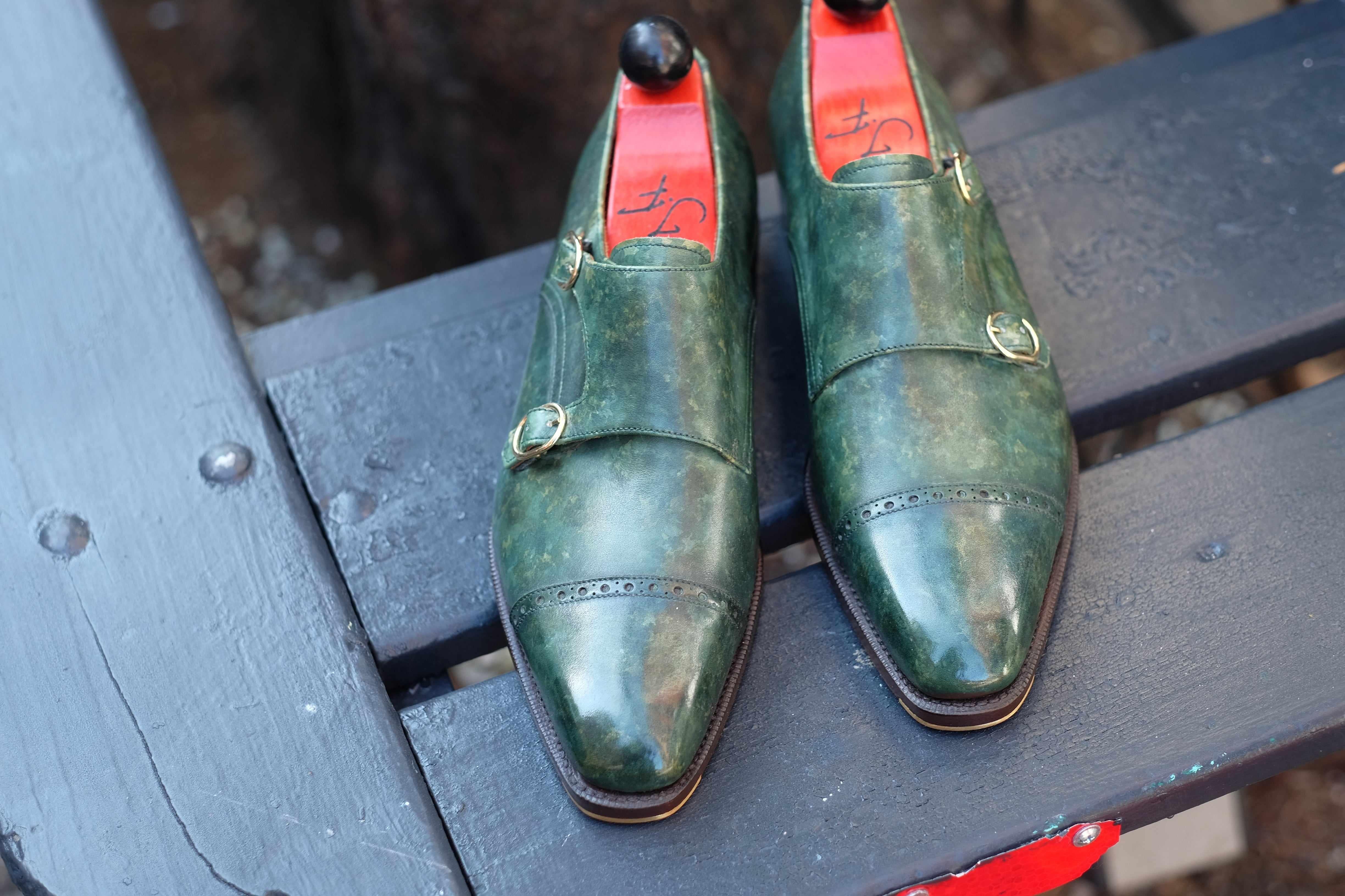 Woodland - Forest Green Marble Patina-Double Monk Straps Monkstraps-J.FitzPatrick Footwear