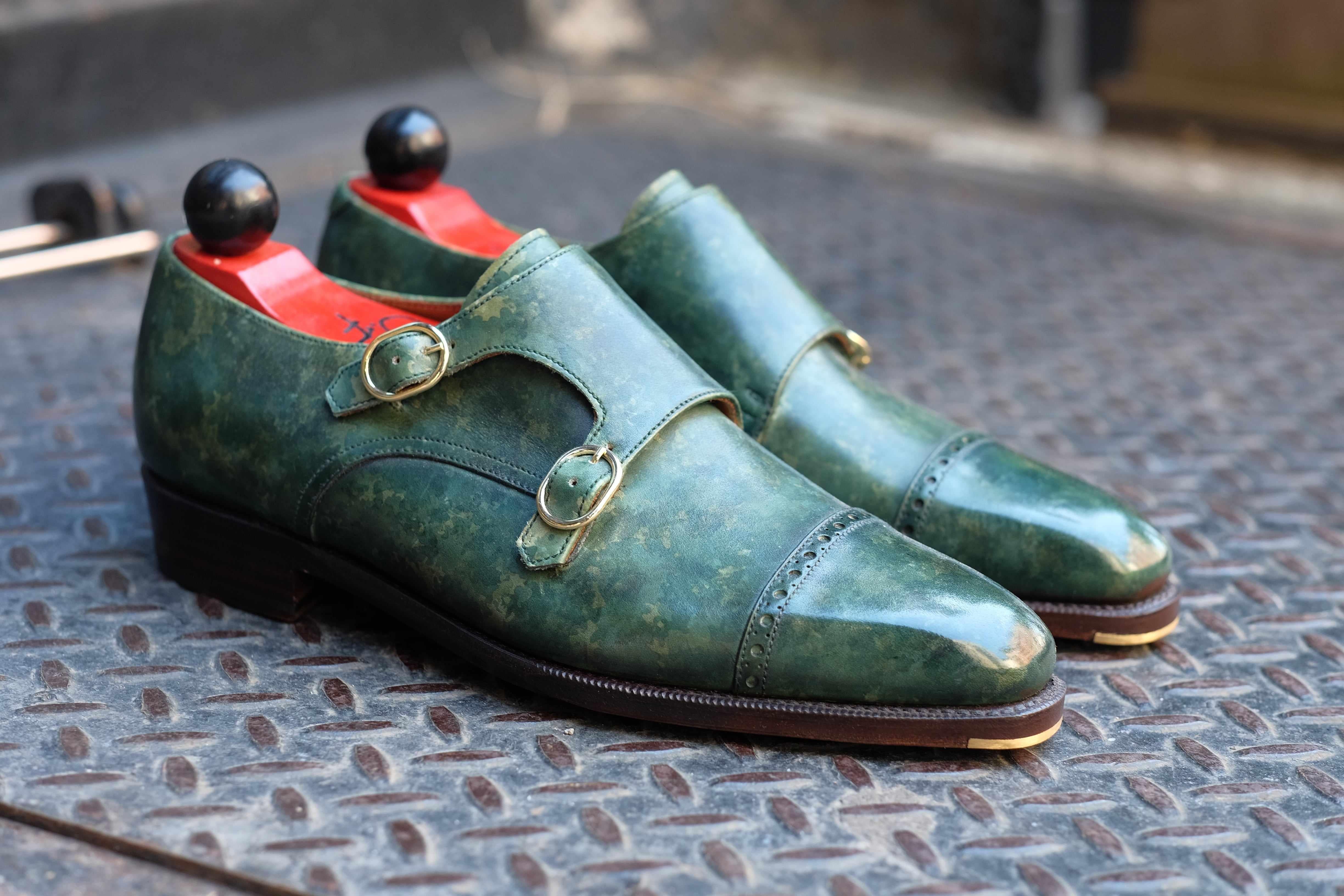 Woodland - Forest Green Marble Patina-Double Monk Straps Monkstraps-J.FitzPatrick Footwear