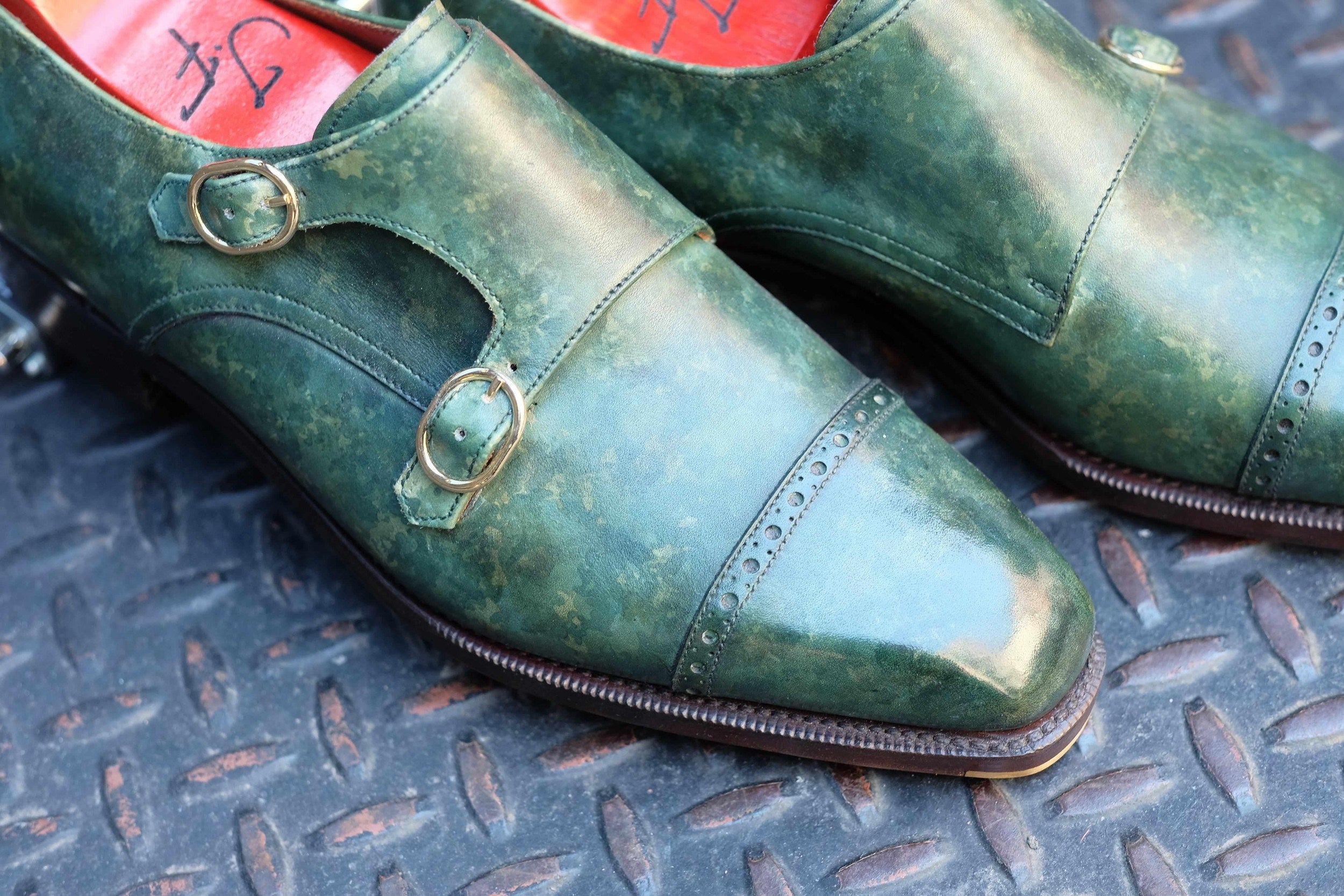Woodland - Forest Green Marble Patina-Double Monk Straps Monkstraps-J.FitzPatrick Footwear