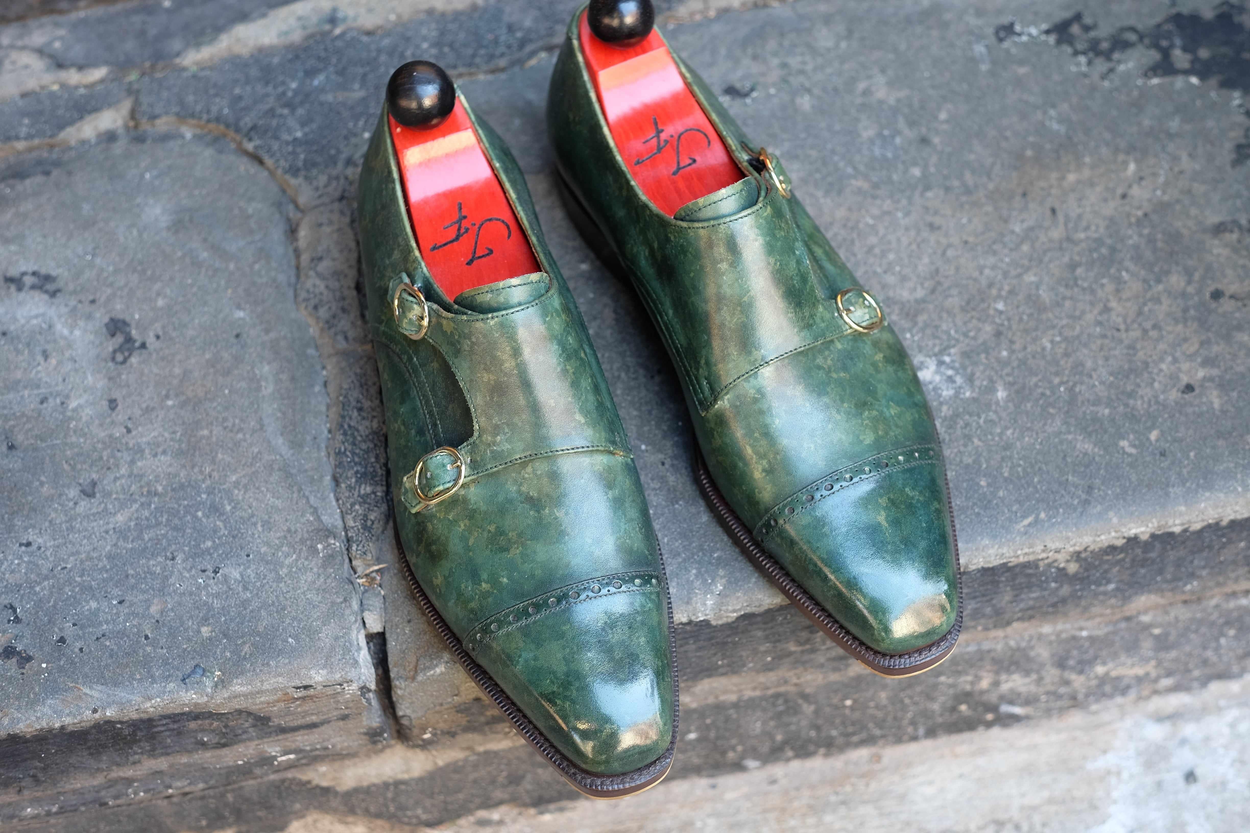 Woodland - Forest Green Marble Patina-Double Monk Straps Monkstraps-J.FitzPatrick Footwear