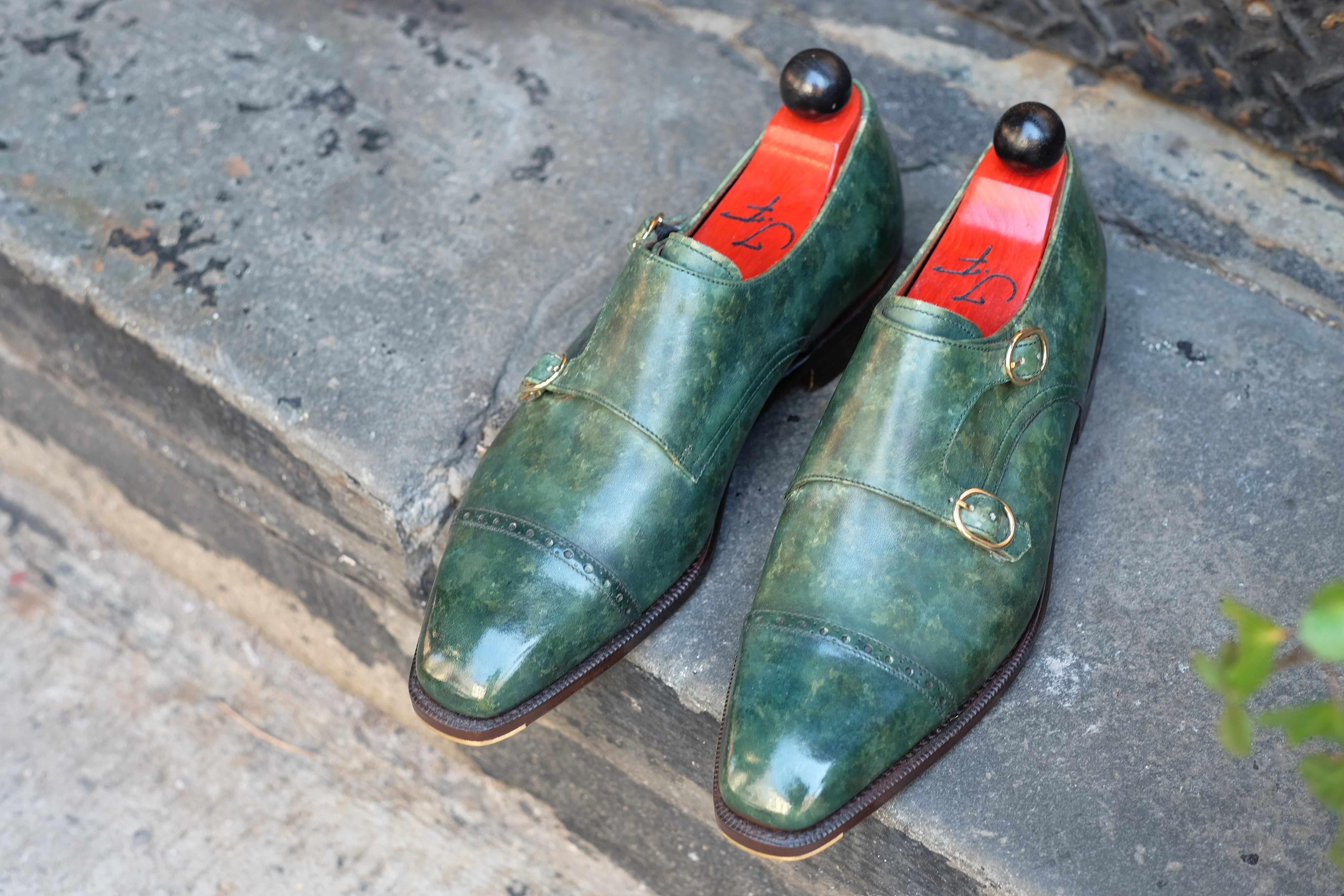 Woodland - Forest Green Marble Patina-Double Monk Straps Monkstraps-J.FitzPatrick Footwear
