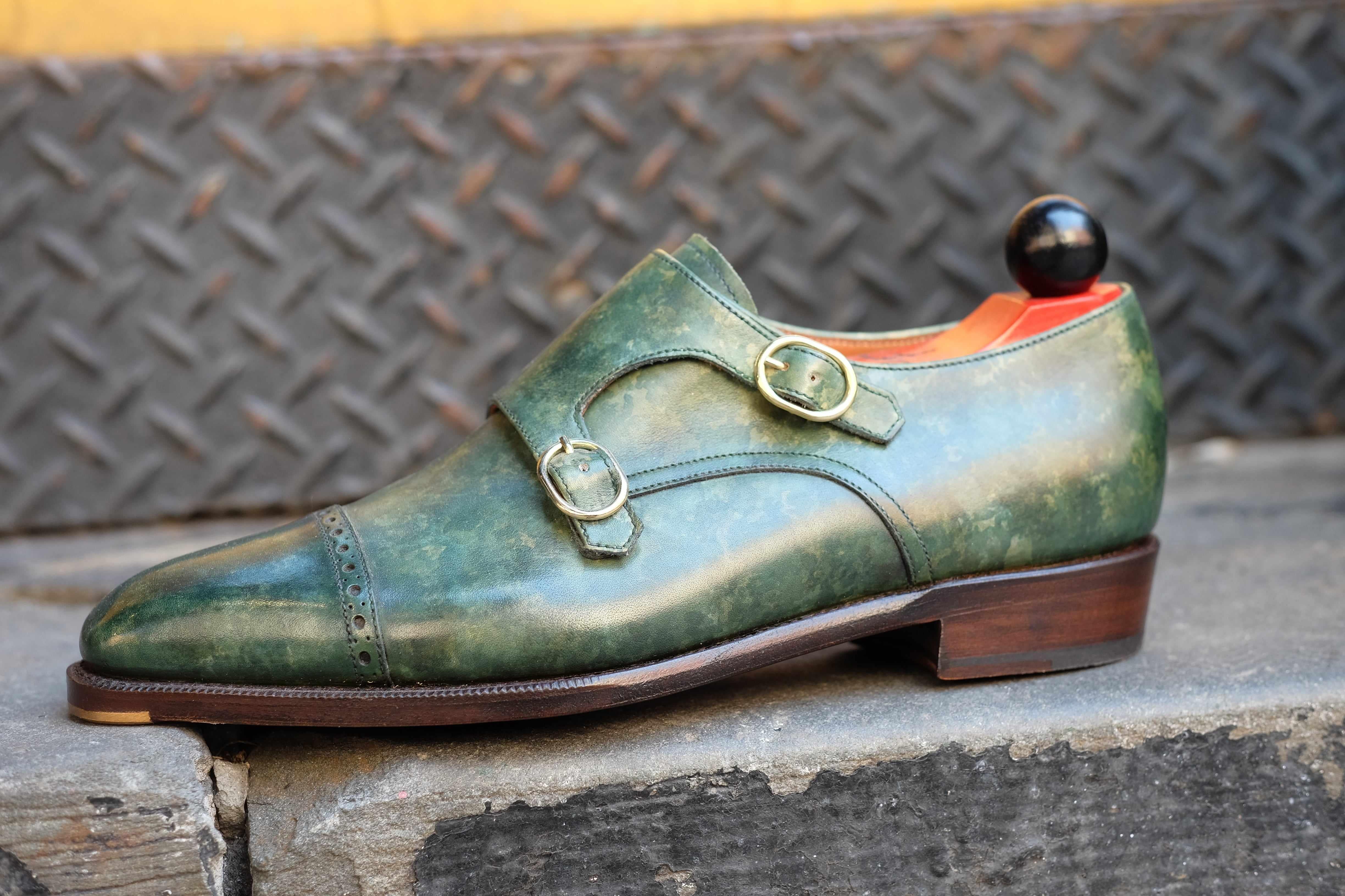 Woodland - Forest Green Marble Patina-Double Monk Straps Monkstraps-J.FitzPatrick Footwear