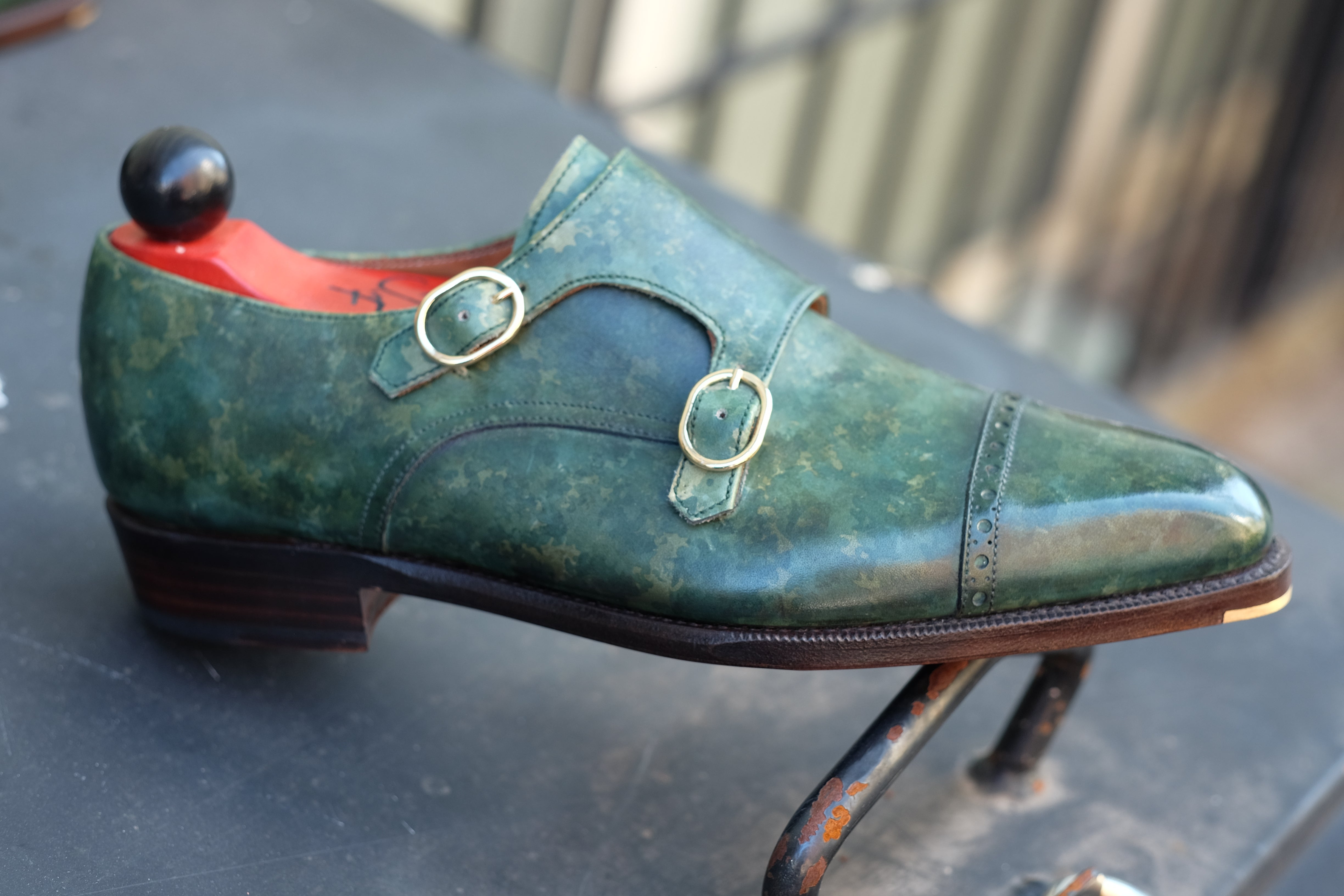 Woodland - Forest Green Marble Patina-Double Monk Straps Monkstraps-J.FitzPatrick Footwear